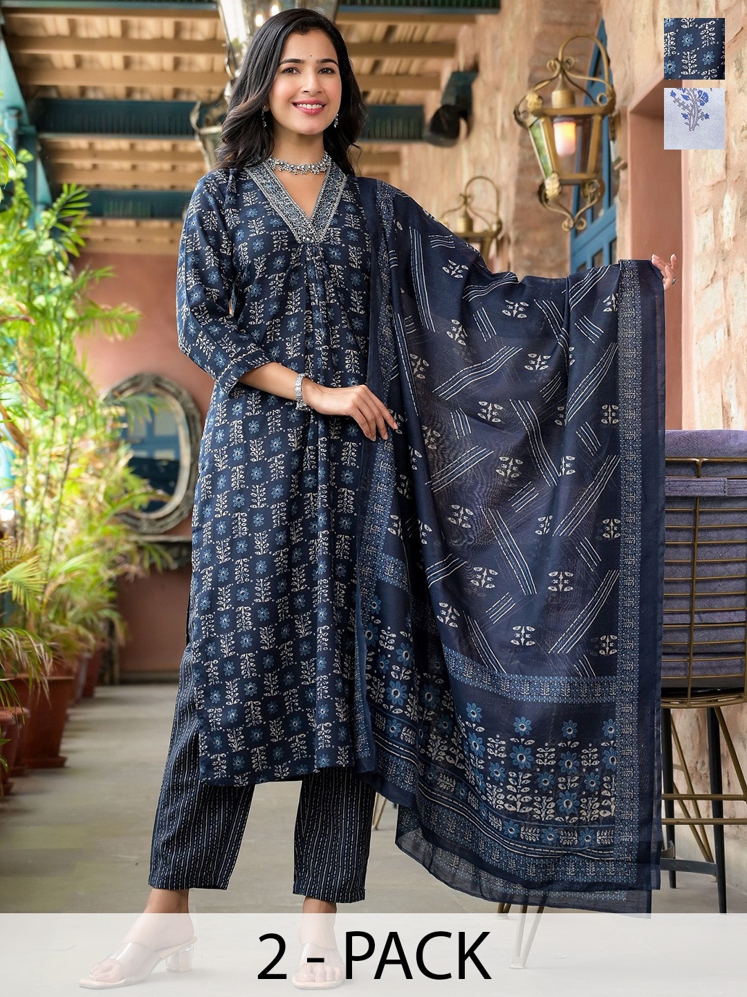 

KALINI Selection of 2 Ethnic Motifs Printed Straight Kurta with Trousers & Dupatta, Blue