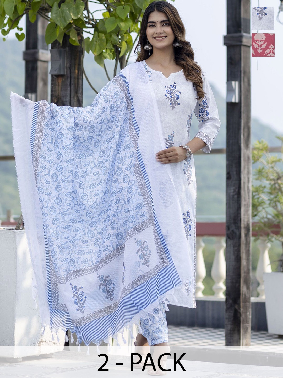 

KALINI Selection of 2 Ethnic Motifs Printed Straight Kurta with Trousers & Dupatta, Blue