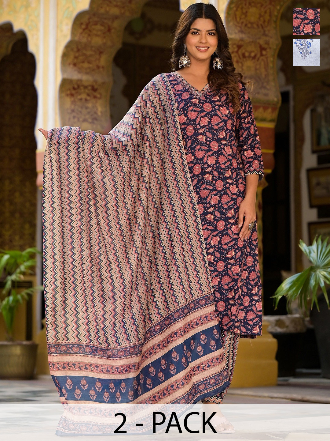 

KALINI Pack Of 2 Floral Printed V-Neck Straight Kurta With Trousers & Dupatta, White