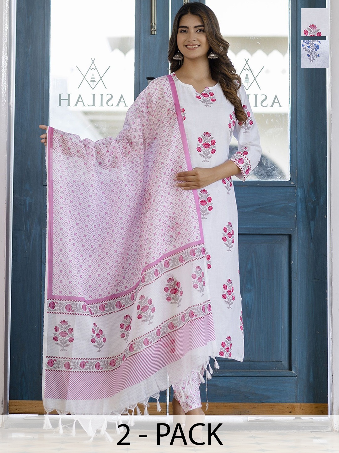 

KALINI Selection of 2 Ethnic Motifs Printed Straight Kurta with Trousers & Dupatta, White