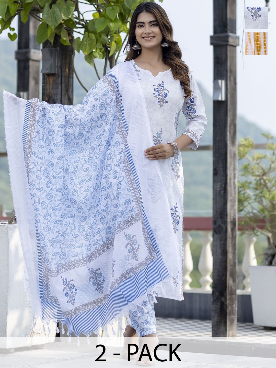 

KALINI Selection of 2 Ethnic Motifs Printed Straight Kurta with Trousers & Dupatta, White