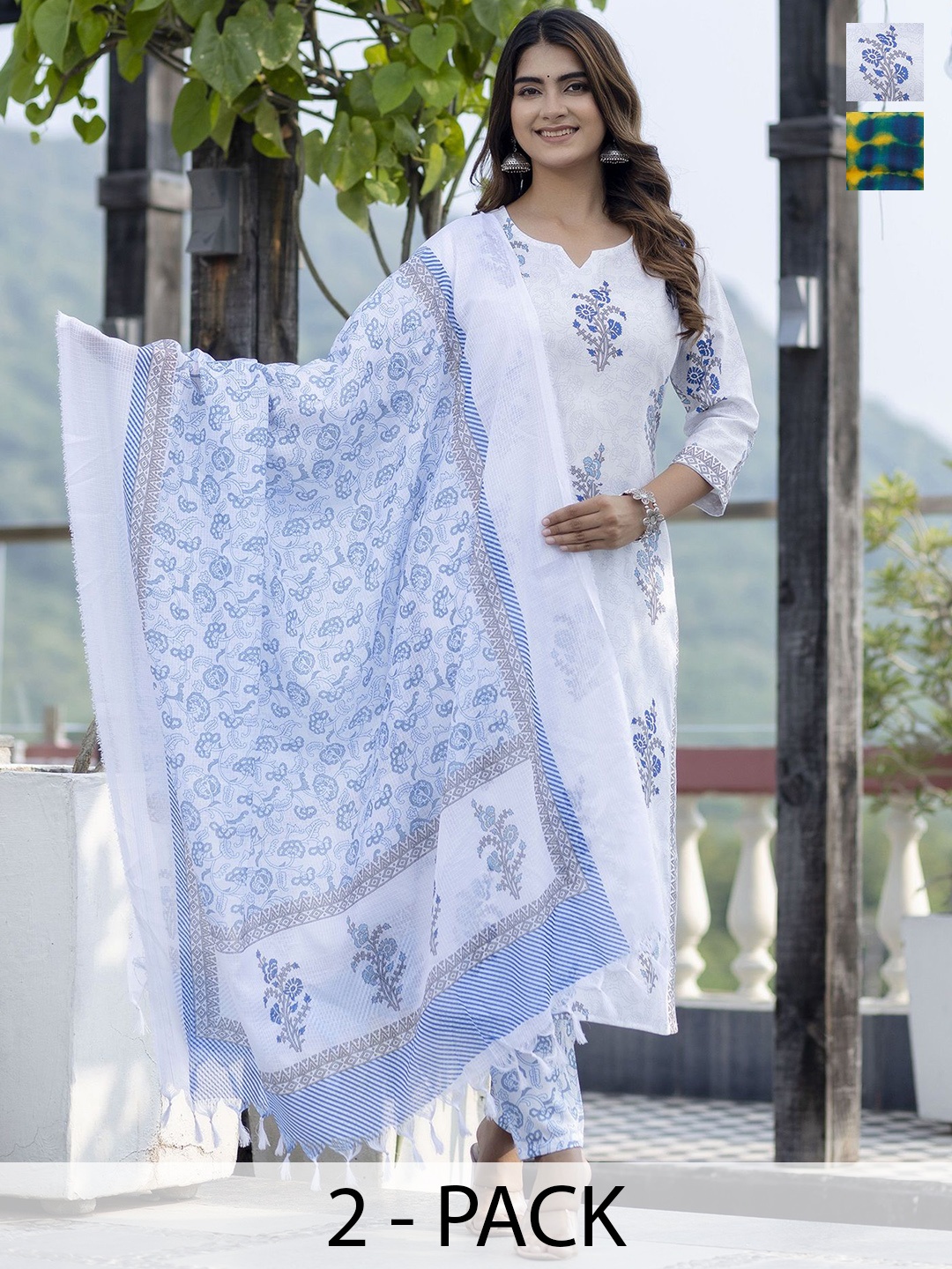 

KALINI Selection Of 2 Floral Printed Straight Kurta with Trousers & Dupatta, Yellow