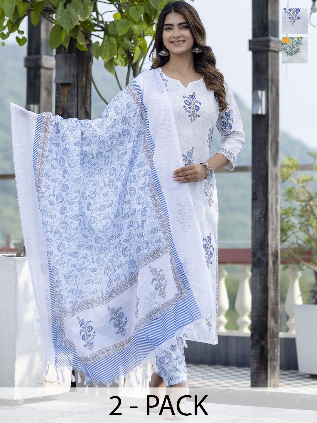 

KALINI Selection of 2 Ethnic Motifs Printed Straight Kurta with Trousers & Dupatta, Blue