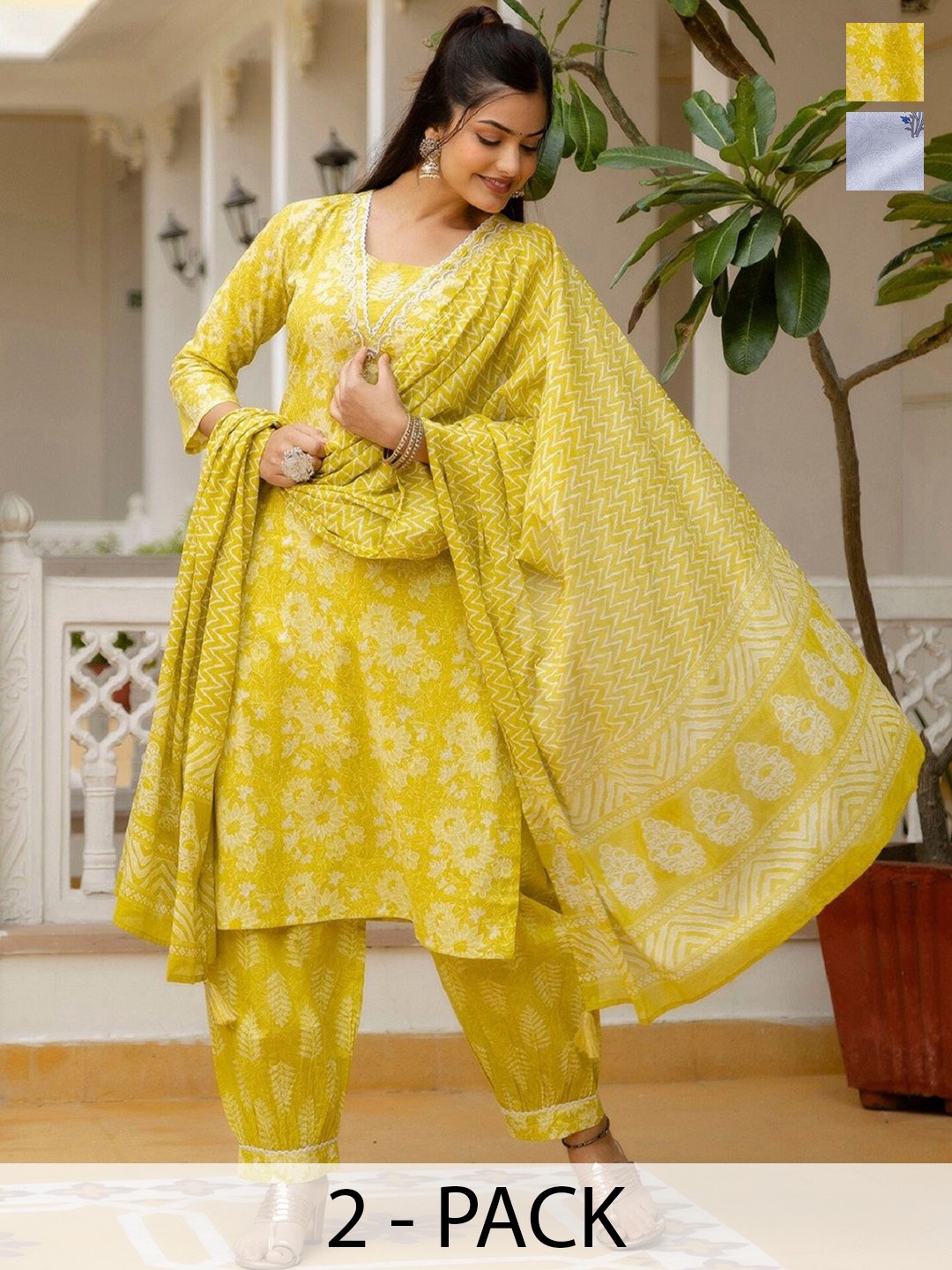 

KALINI Selection of 2 Ethnic Motifs Printed Straight Kurta with Trousers & Dupatta, Yellow