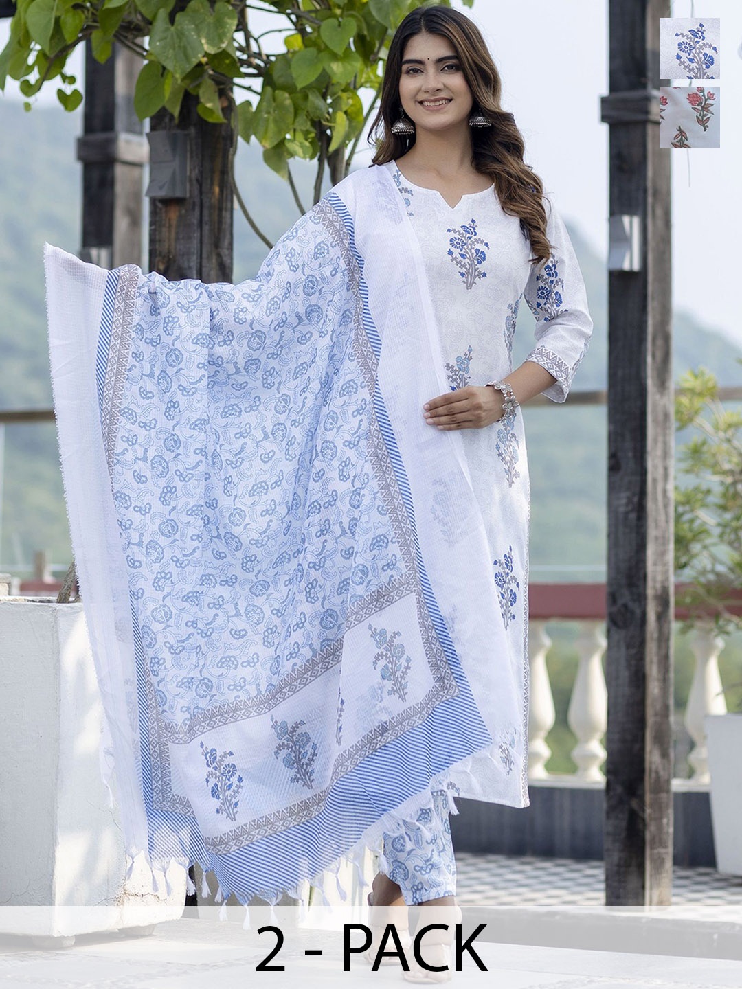 

KALINI Selection of 2 Ethnic Motifs Printed Straight Kurta with Trousers & Dupatta, White