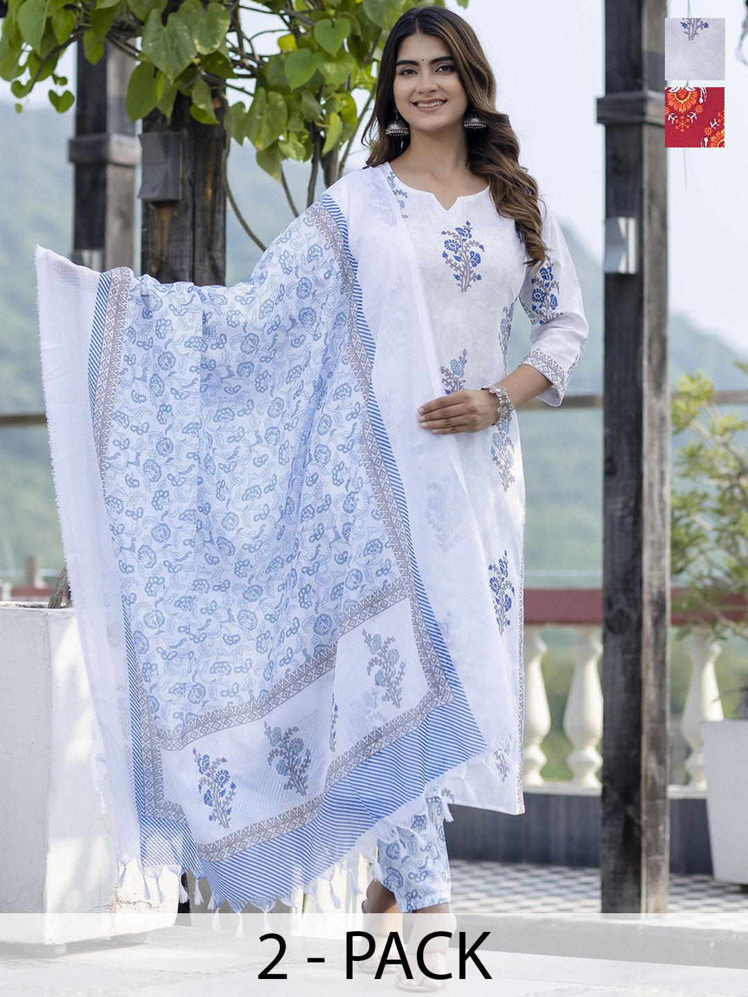 

KALINI Selection of 2 Floral Printed Notch Neck Straight Kurta With Trousers & Dupatta, White