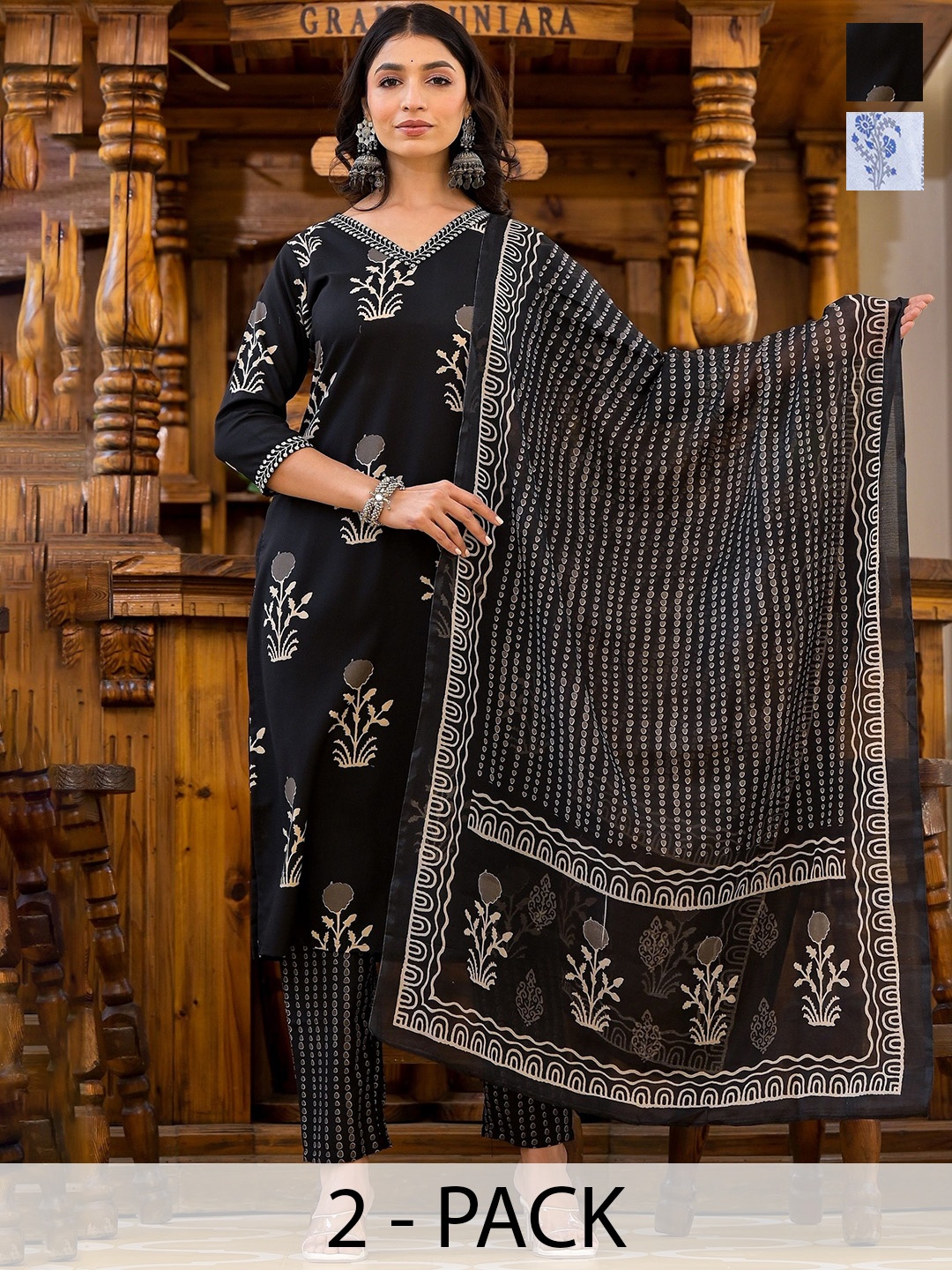 

KALINI Women Ethnic Motifs Printed Regular Kurta with Trousers & With Dupatta, Black