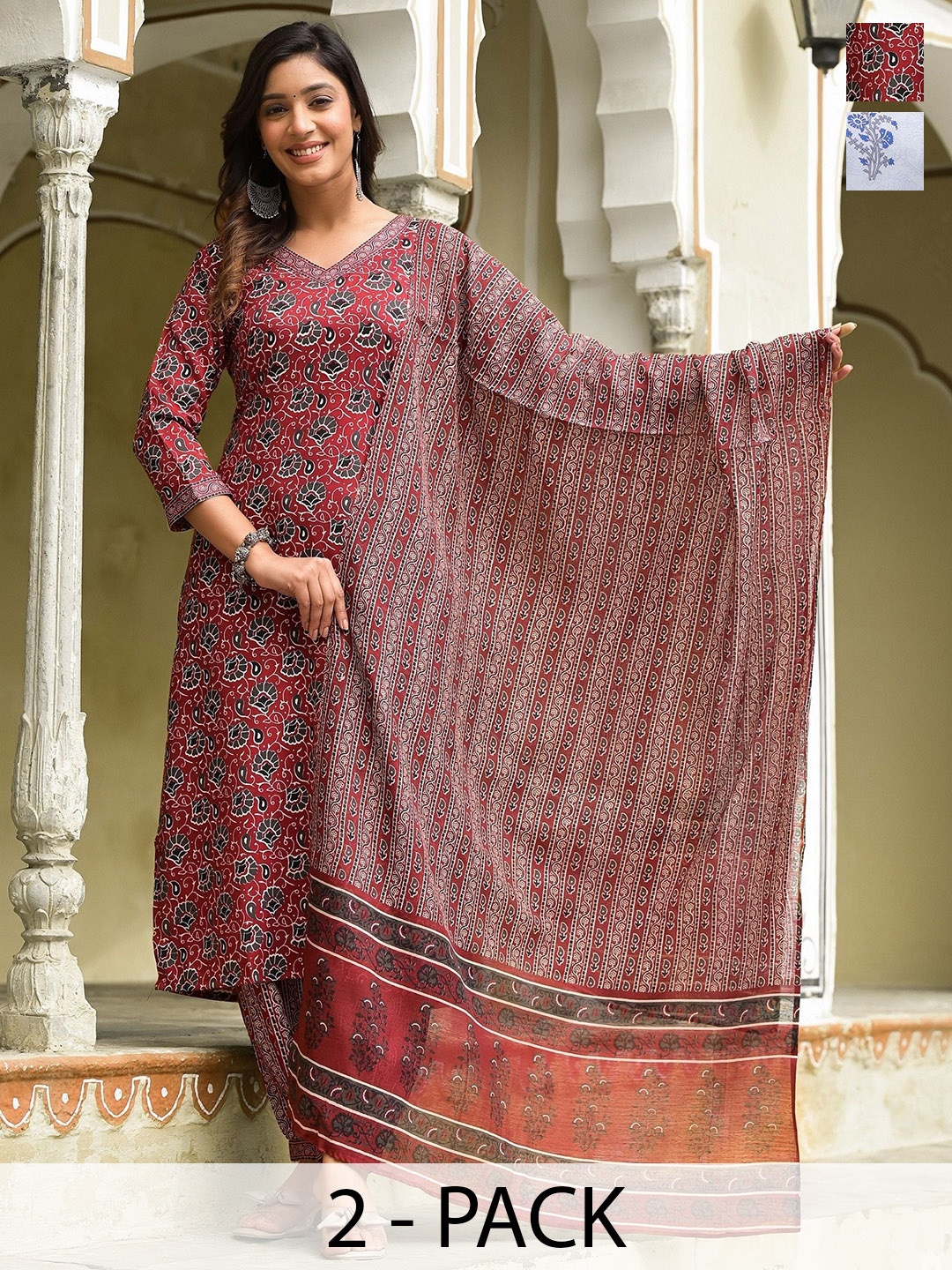 

KALINI Selection of 2 Ethnic Motifs Printed Straight Kurta with Trousers & Dupatta, White