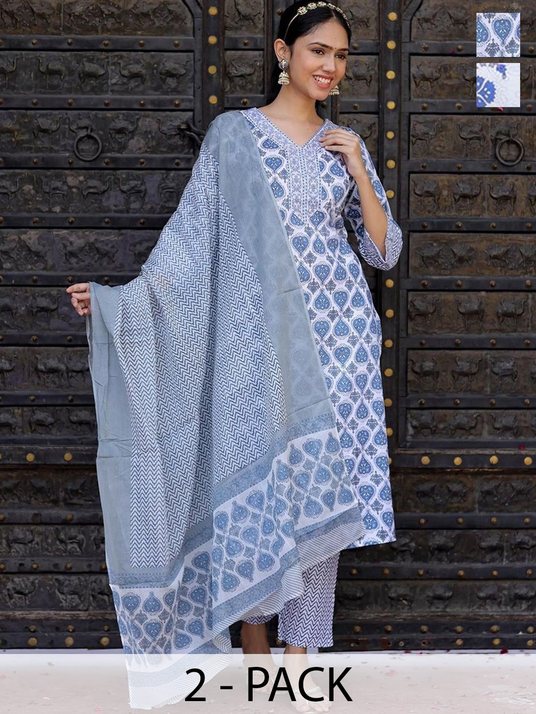 

KALINI Selection of 2 Ethnic Motifs Printed Straight Kurta with Trousers & Dupatta, White