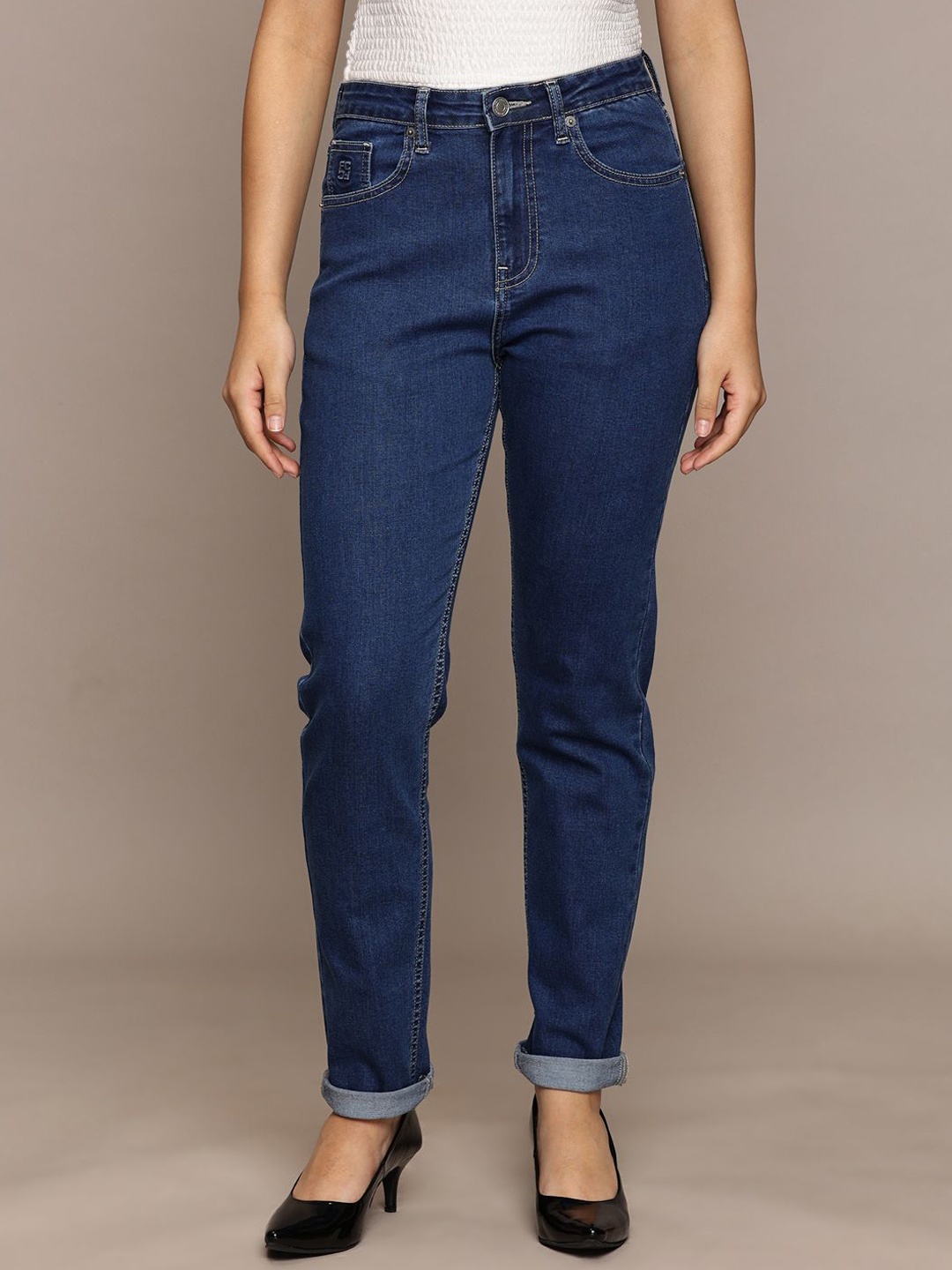 

French Connection Women Smart Slim Fit High-Rise Stretchable Jeans, Navy blue