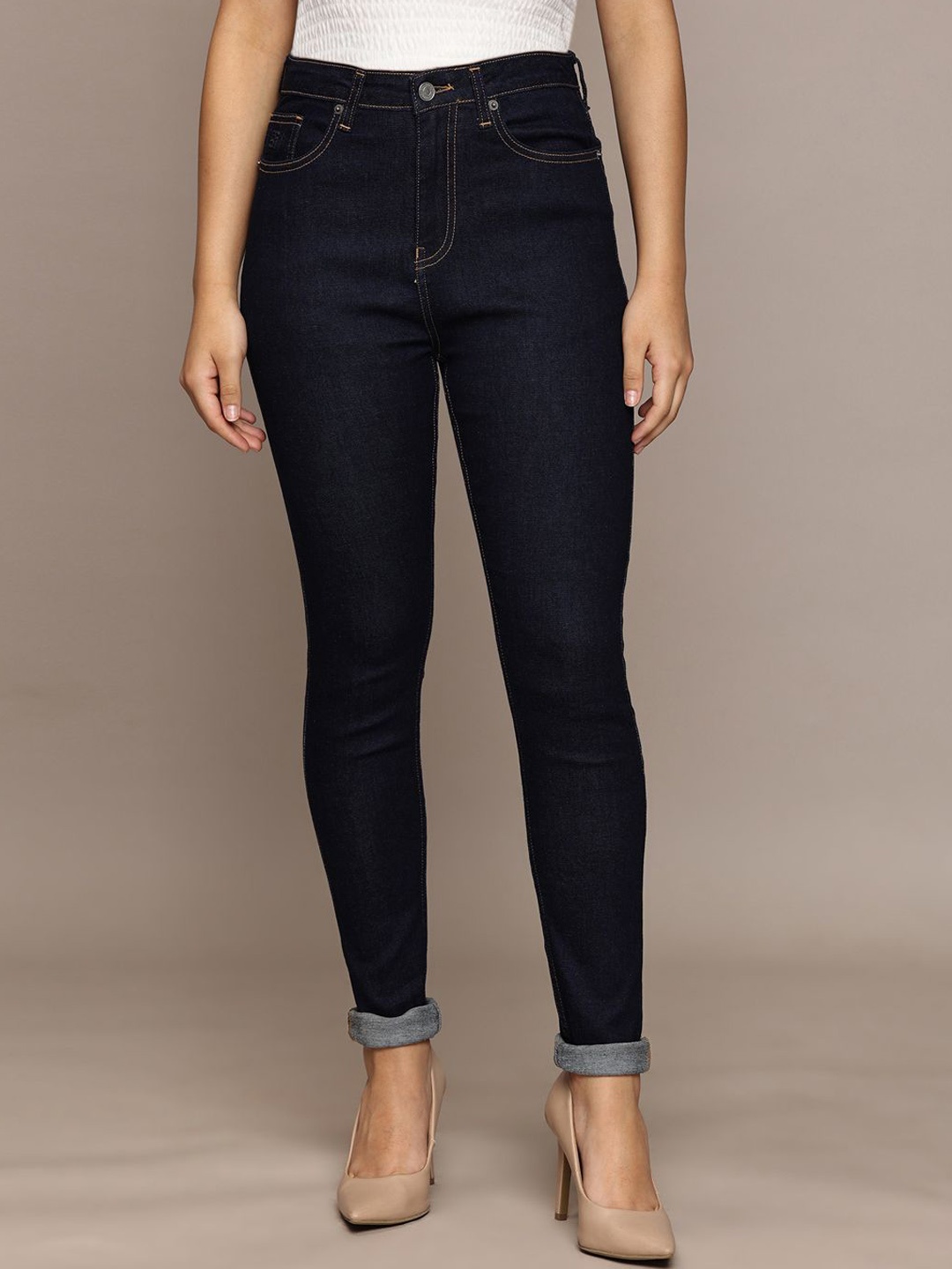 

French Connection Women Smart Skinny Fit High-Rise Stretchable Jeans, Navy blue