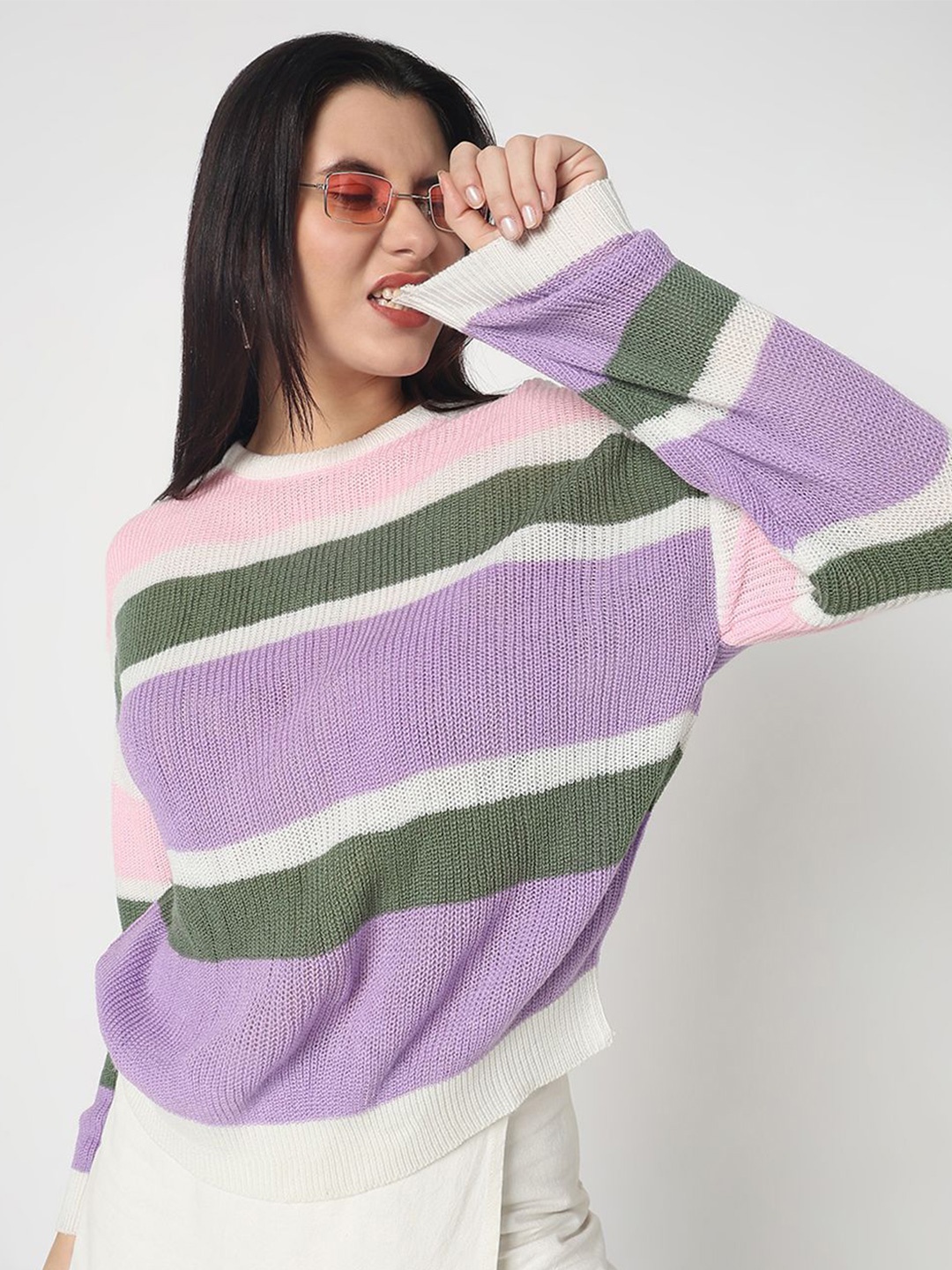 

R&B Women Striped Pullover Sweater, White