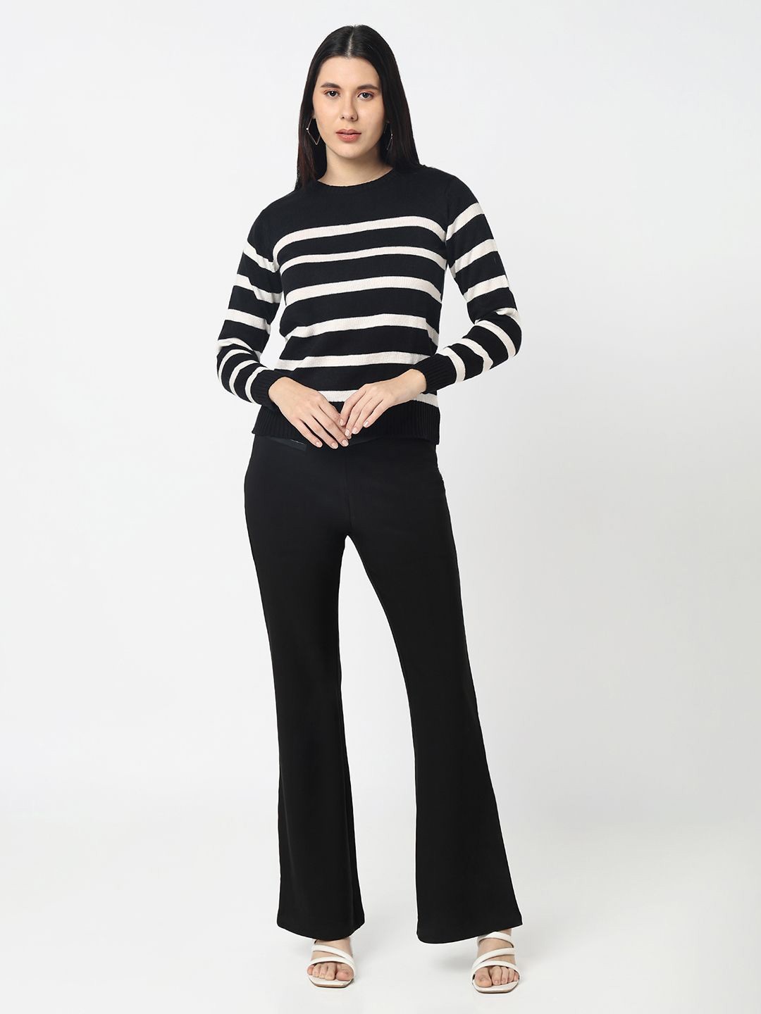 

R&B Women Striped Long Sleeves Pullover Sweater, Black