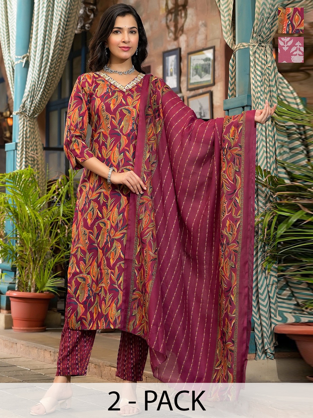 

KALINI Selection of 2 Ethnic Motifs Printed Straight Kurta with Trousers & Dupatta, Maroon