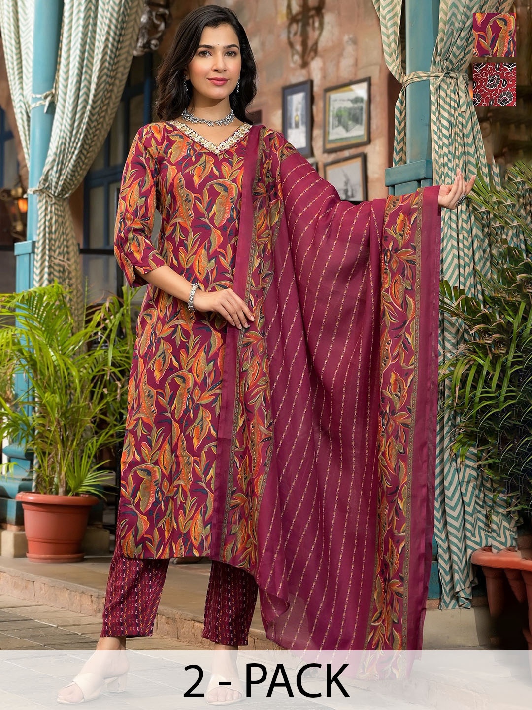 

KALINI Selection of 2 Ethnic Motifs Printed Straight Kurta with Trousers & Dupatta, Red