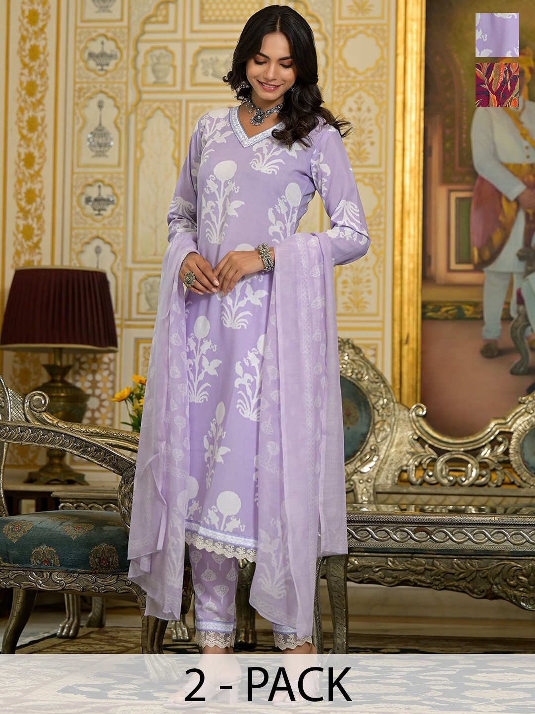 

KALINI Selection of 2 Ethnic Motifs Printed Straight Kurta with Trousers & Dupatta, Purple