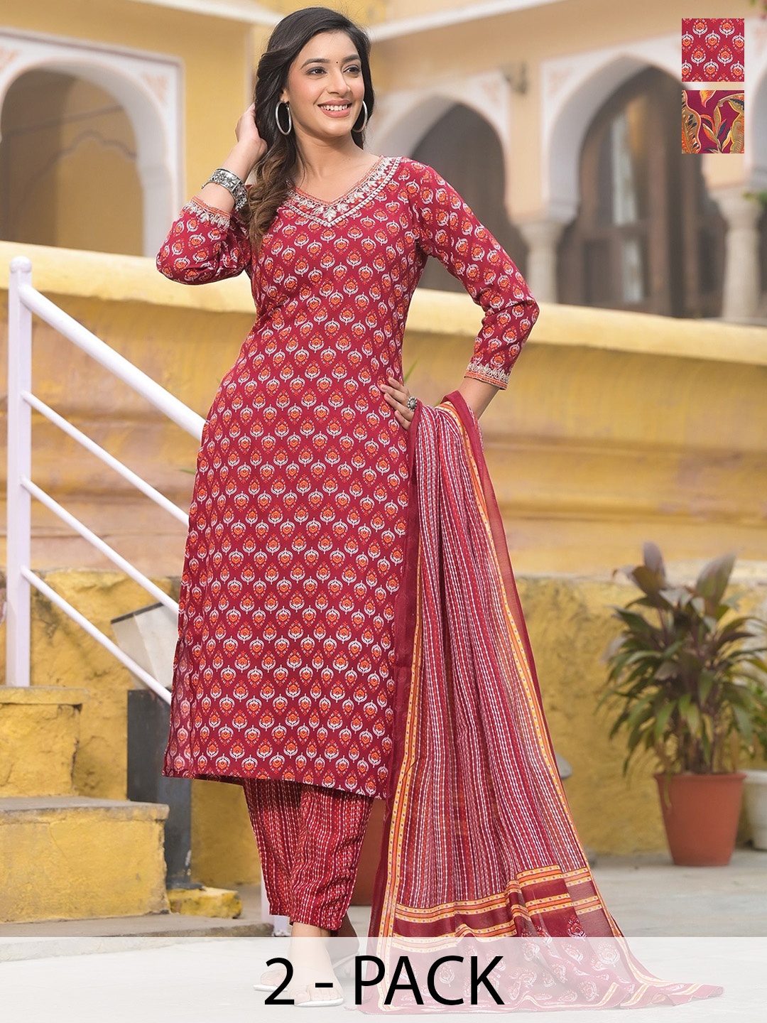 

KALINI Selection of 2 Ethnic Motifs Printed Straight Kurta with Trousers & Dupatta, Red