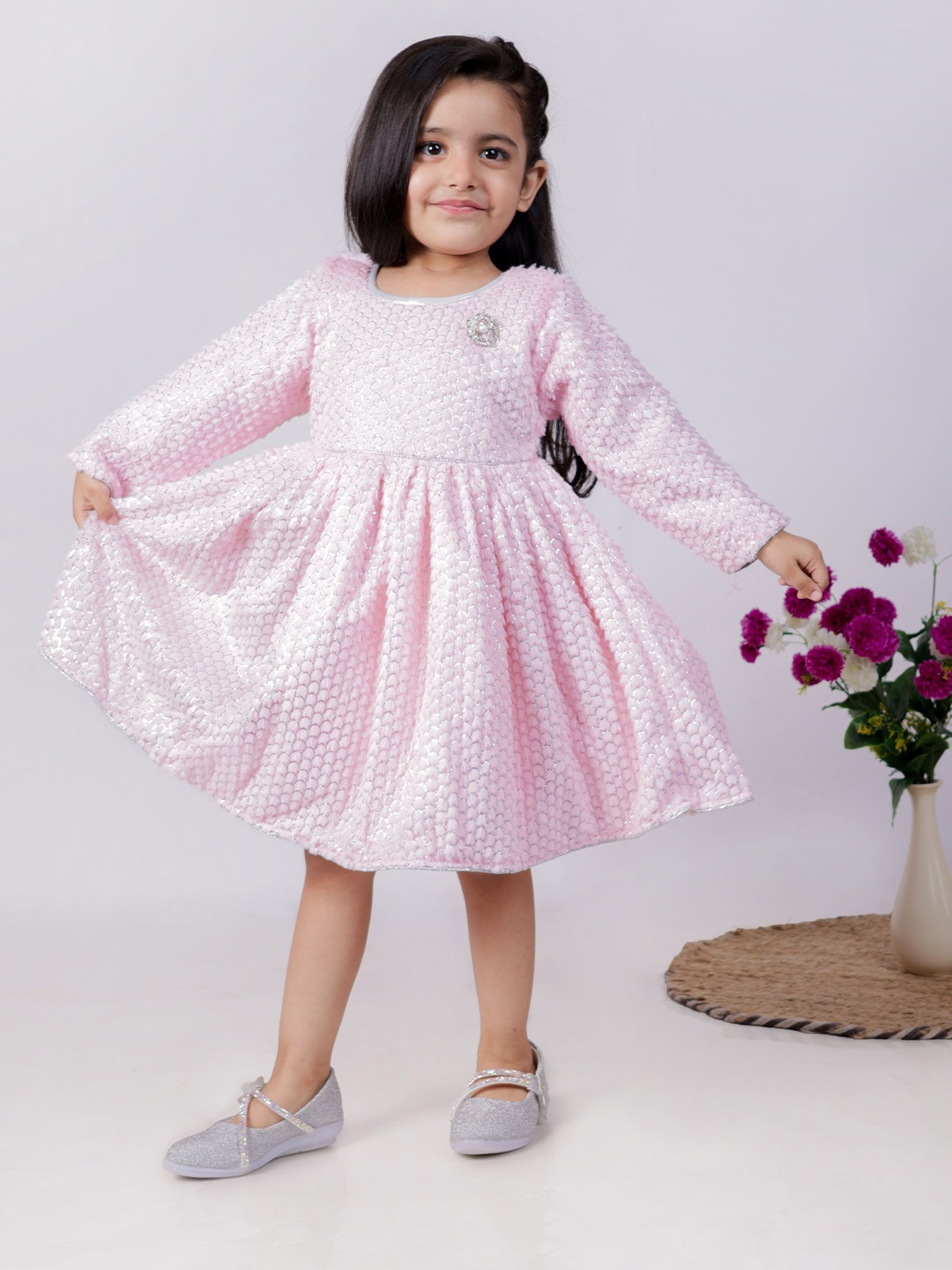 

YK Girls Floral Print Bell Sleeve Woollen Fit & Flare Dress, Pink