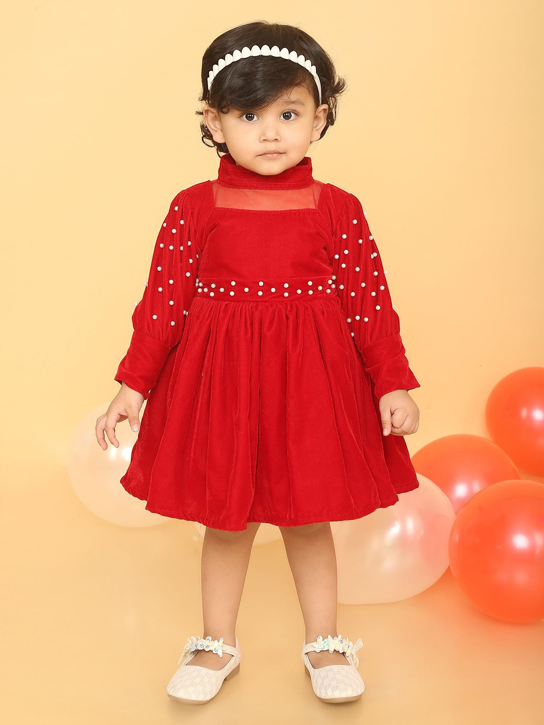 

YK Girls Embellished Velvet Fit & Flare Dress, Red