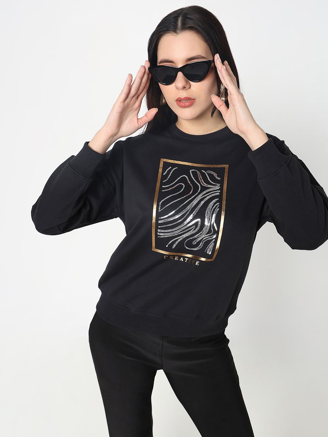 

R&B Women Printed Pullover Sweatshirt, Black