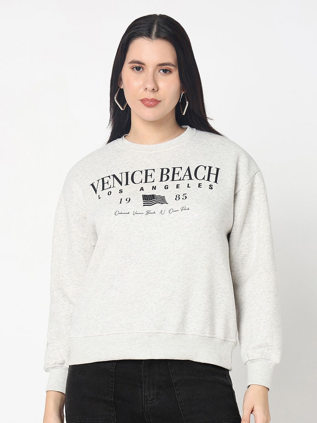 

R&B Women Printed Round Neck Sweatshirt, White