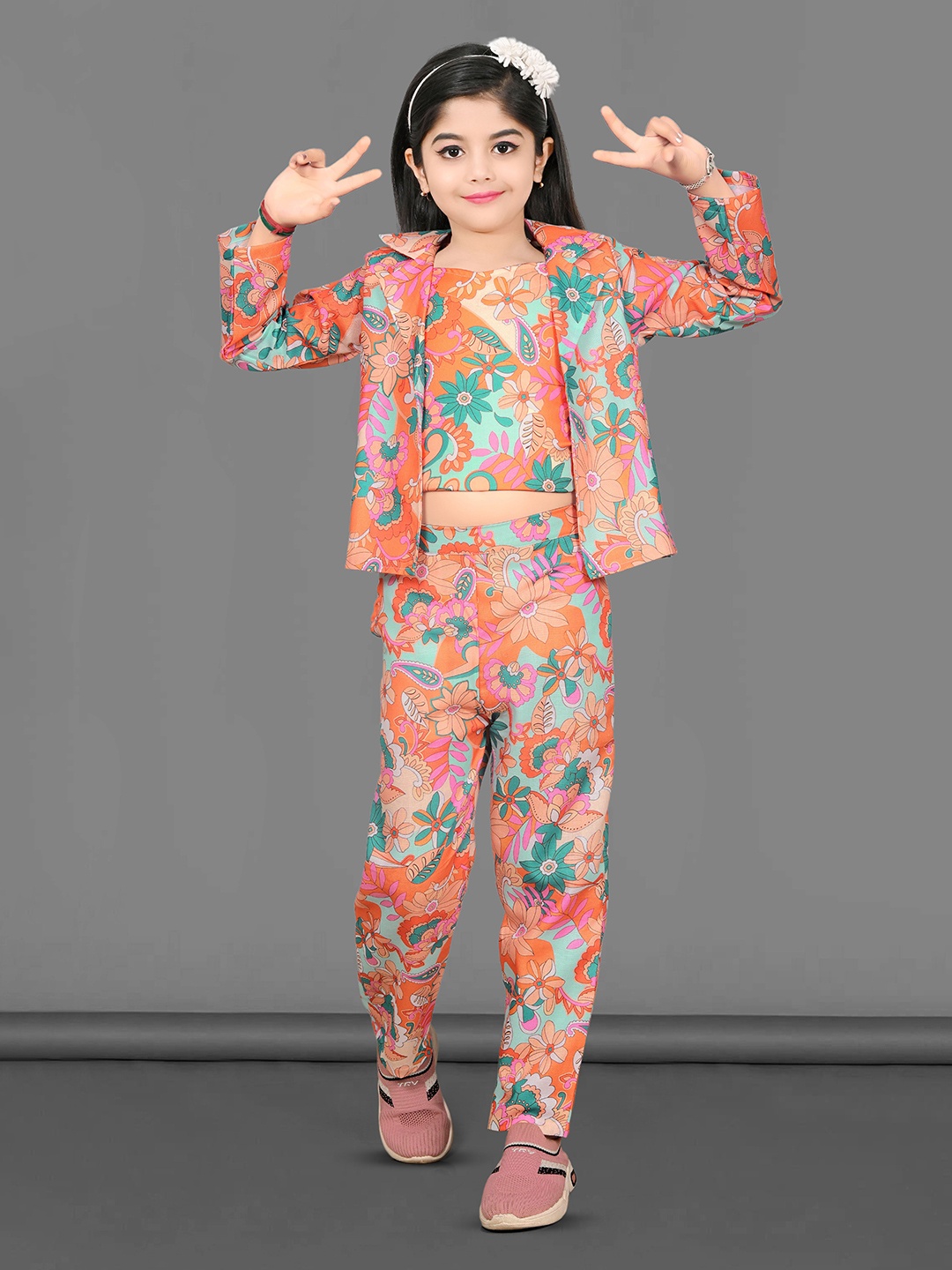 

FEBVIBE Girls Printed Top With Trouser And Jacket, Orange