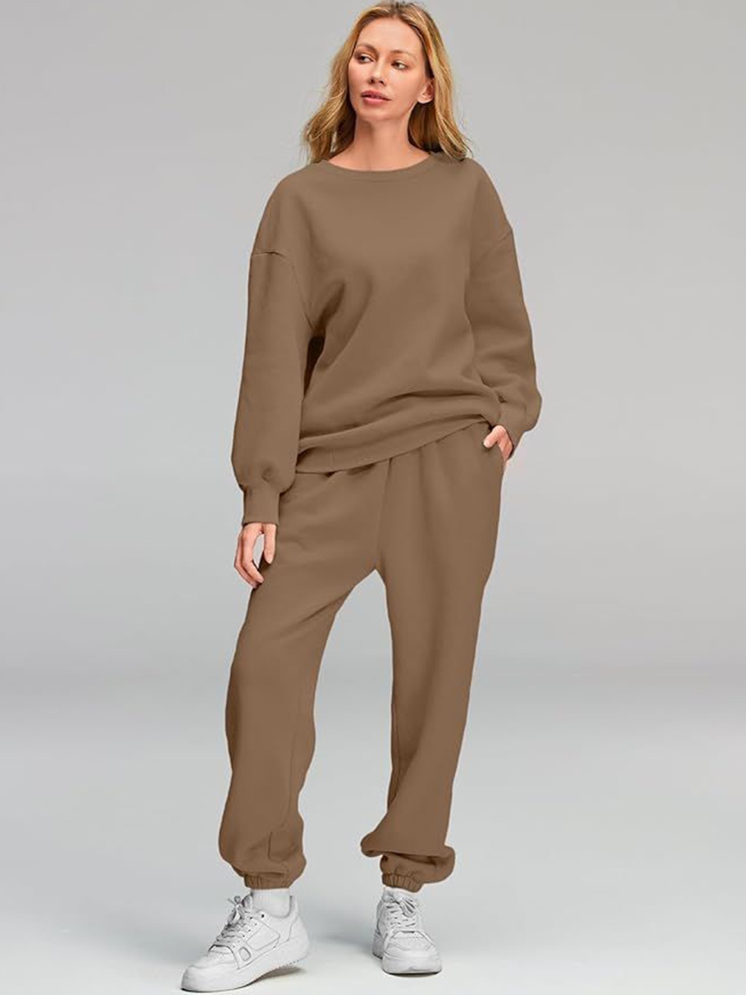 Q-rious Women Round Neck Co-Ords, Brown