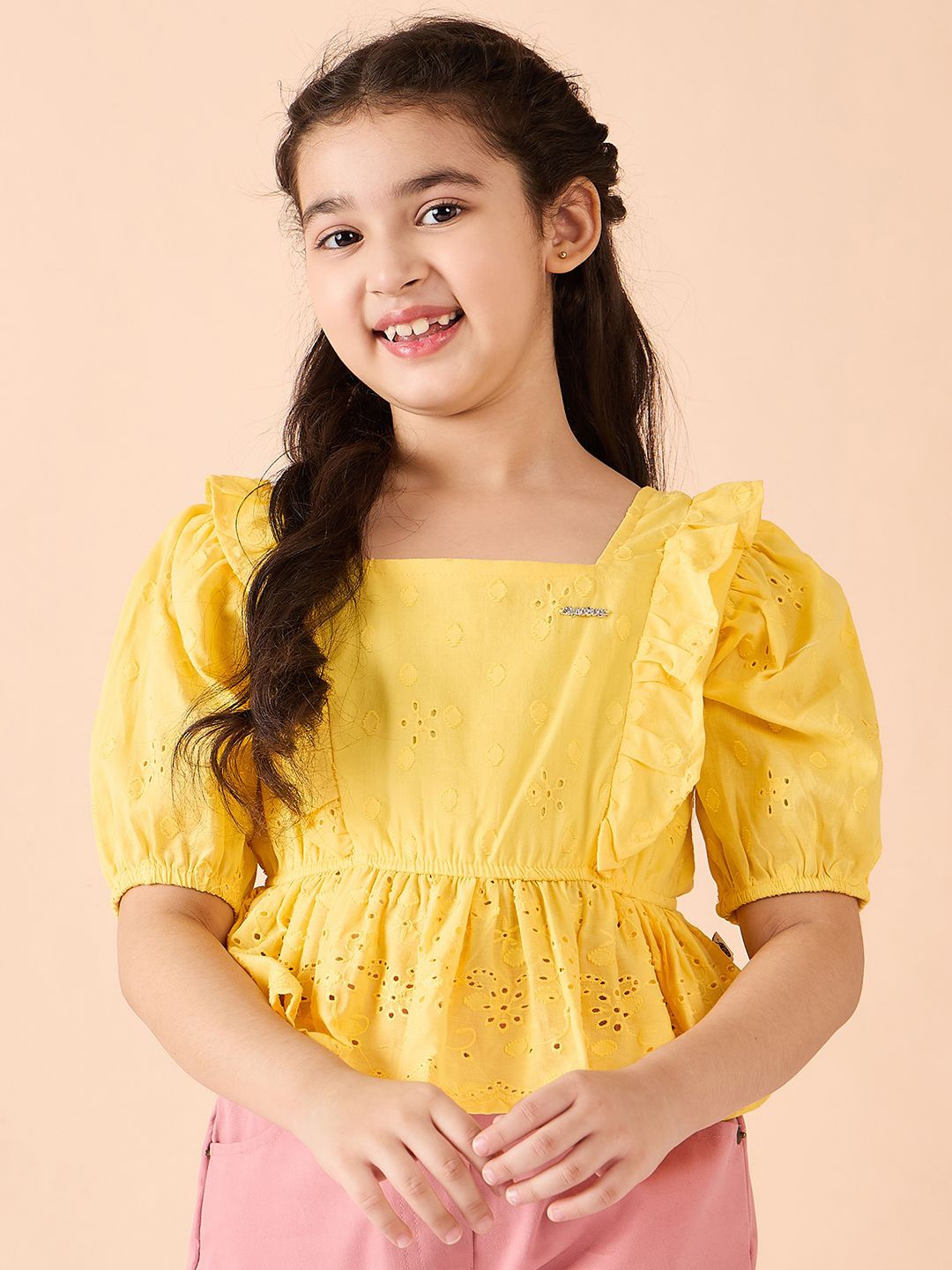 

Stylo Bug Girls Puff Sleeves Square Neck Top, Yellow