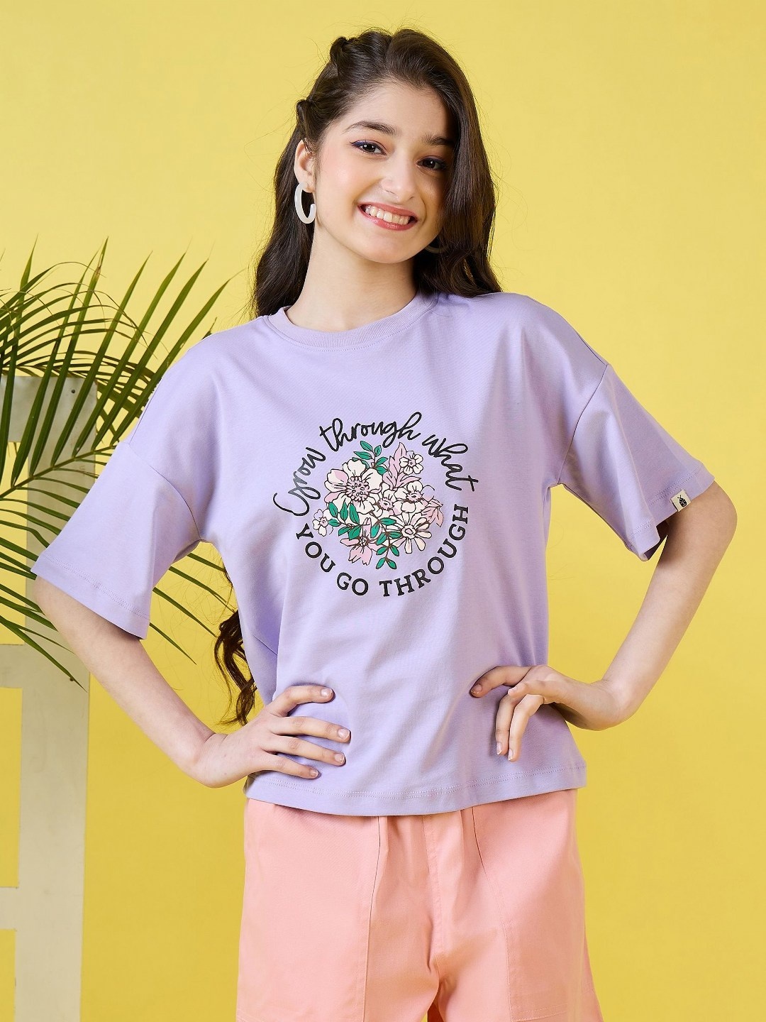 

Stylo Bug Girls Floral Printed Round Neck Cotton T-shirt, Lavender