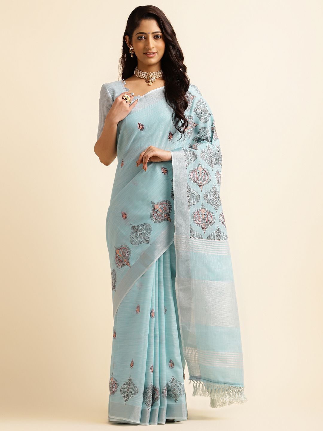 

KIMISHA Ethnic Motifs Embroidered Saree, Blue