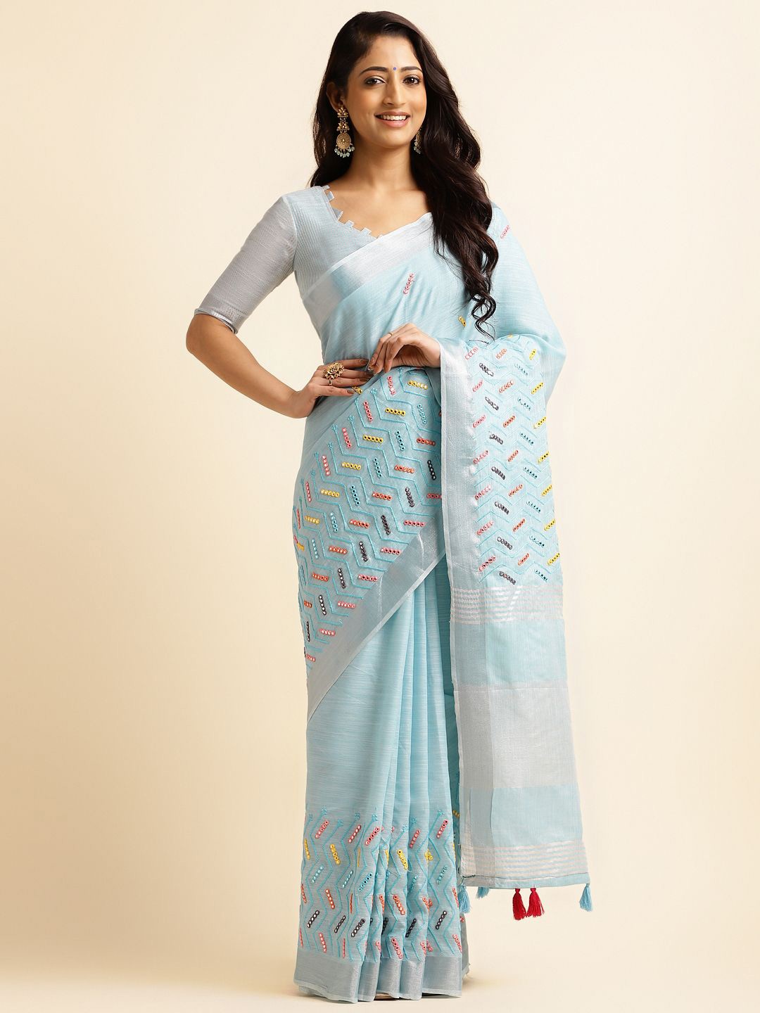 

KIMISHA Embroidered Mirror Work Saree, Blue