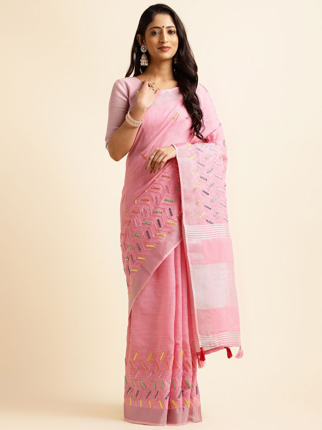 

KIMISHA Woven Design Mirror Work Saree, Pink