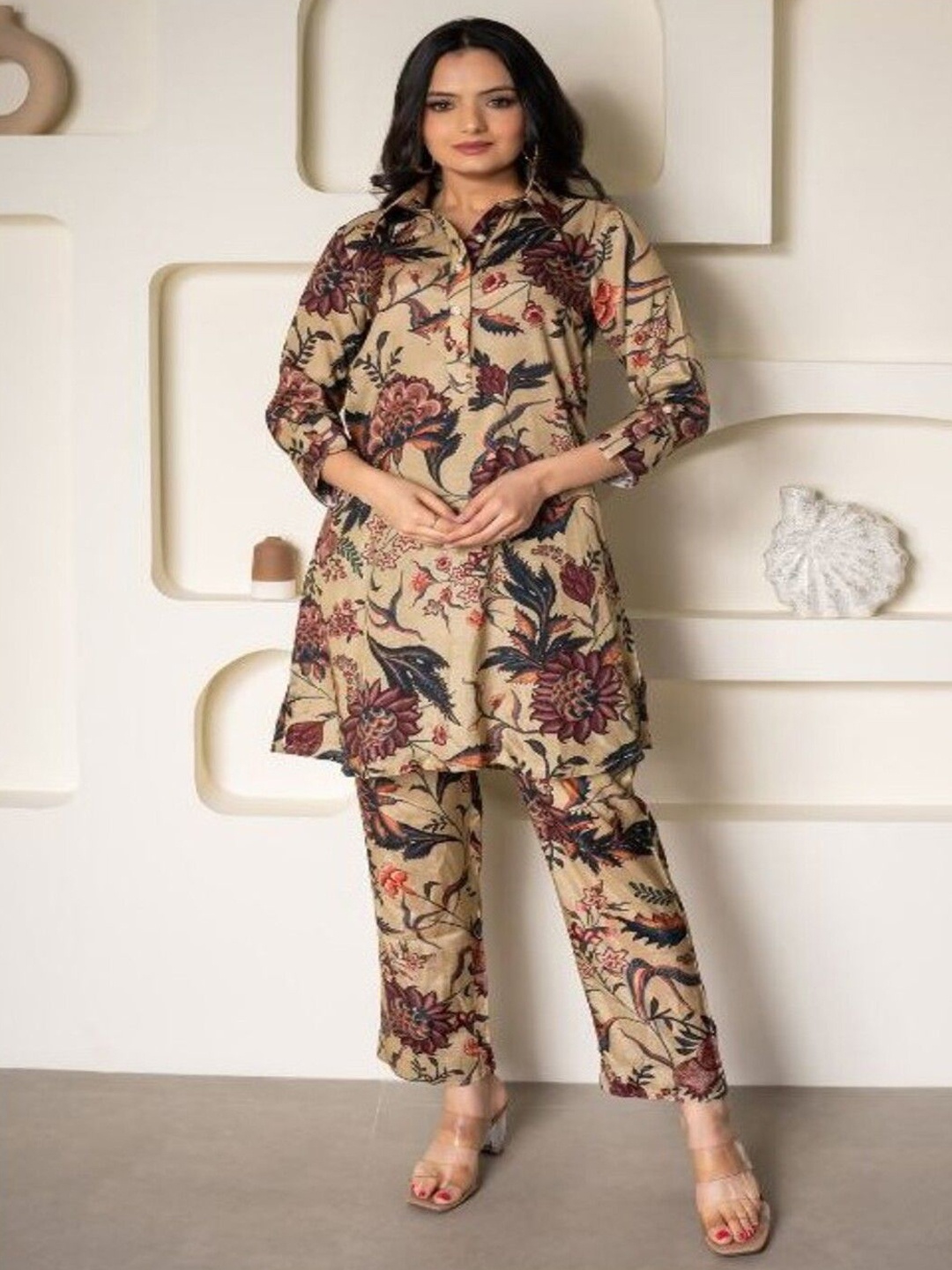 

Modestouze Attires Floral Printed Three-Quarter Sleeves Shirt With Trouser, Beige
