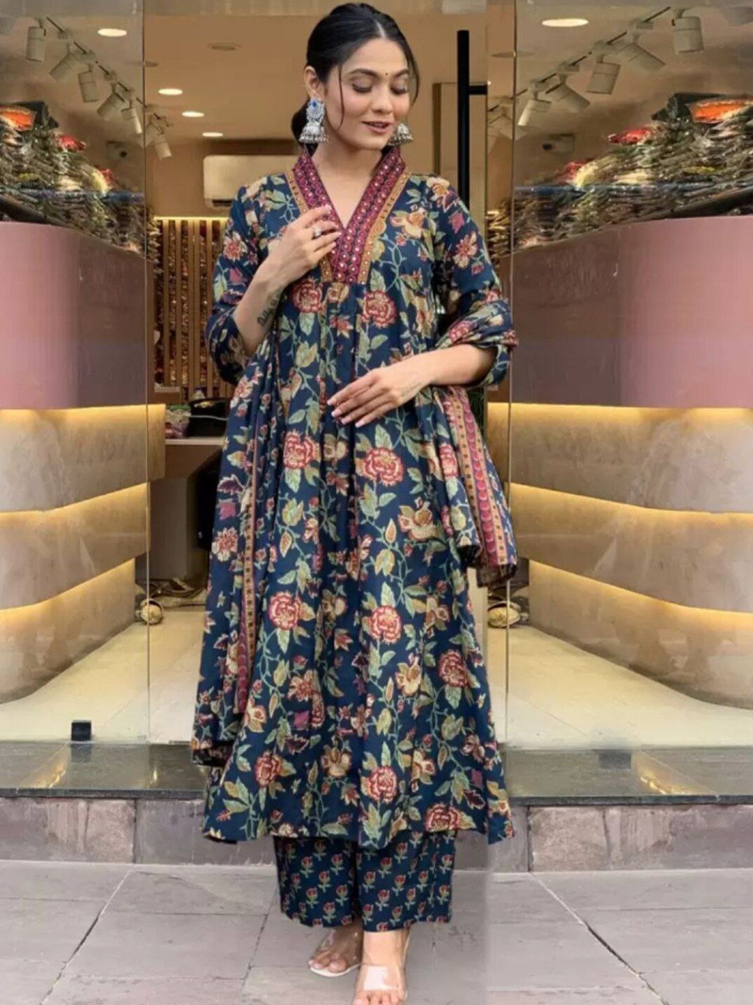 

Modestouze Attires V-Neck Floral Printed Pleated Anarkali Kurta With Palazzos & Dupatta, Blue