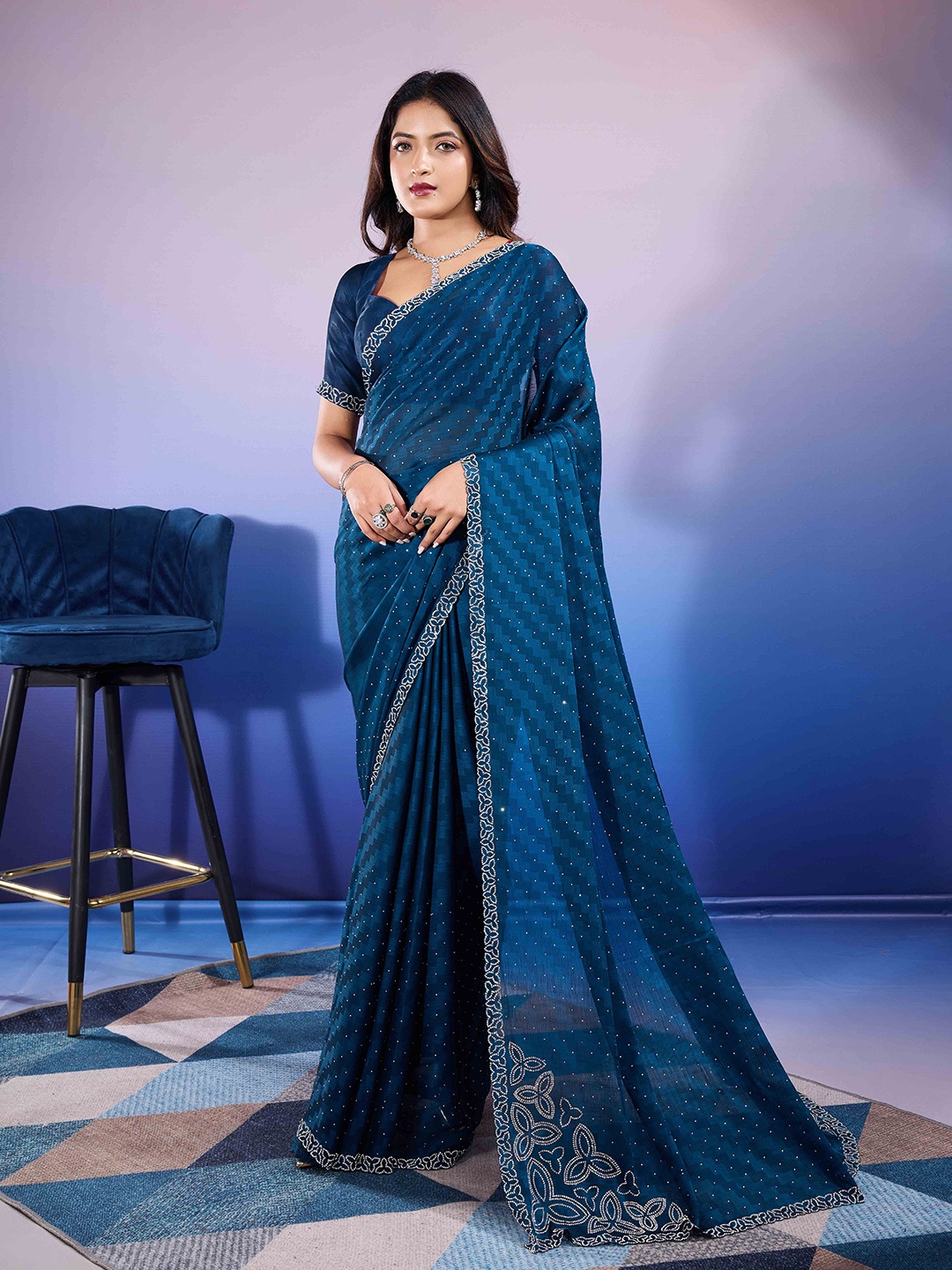 

KIMISHA Embellished Beads and Stones Saree, Navy blue