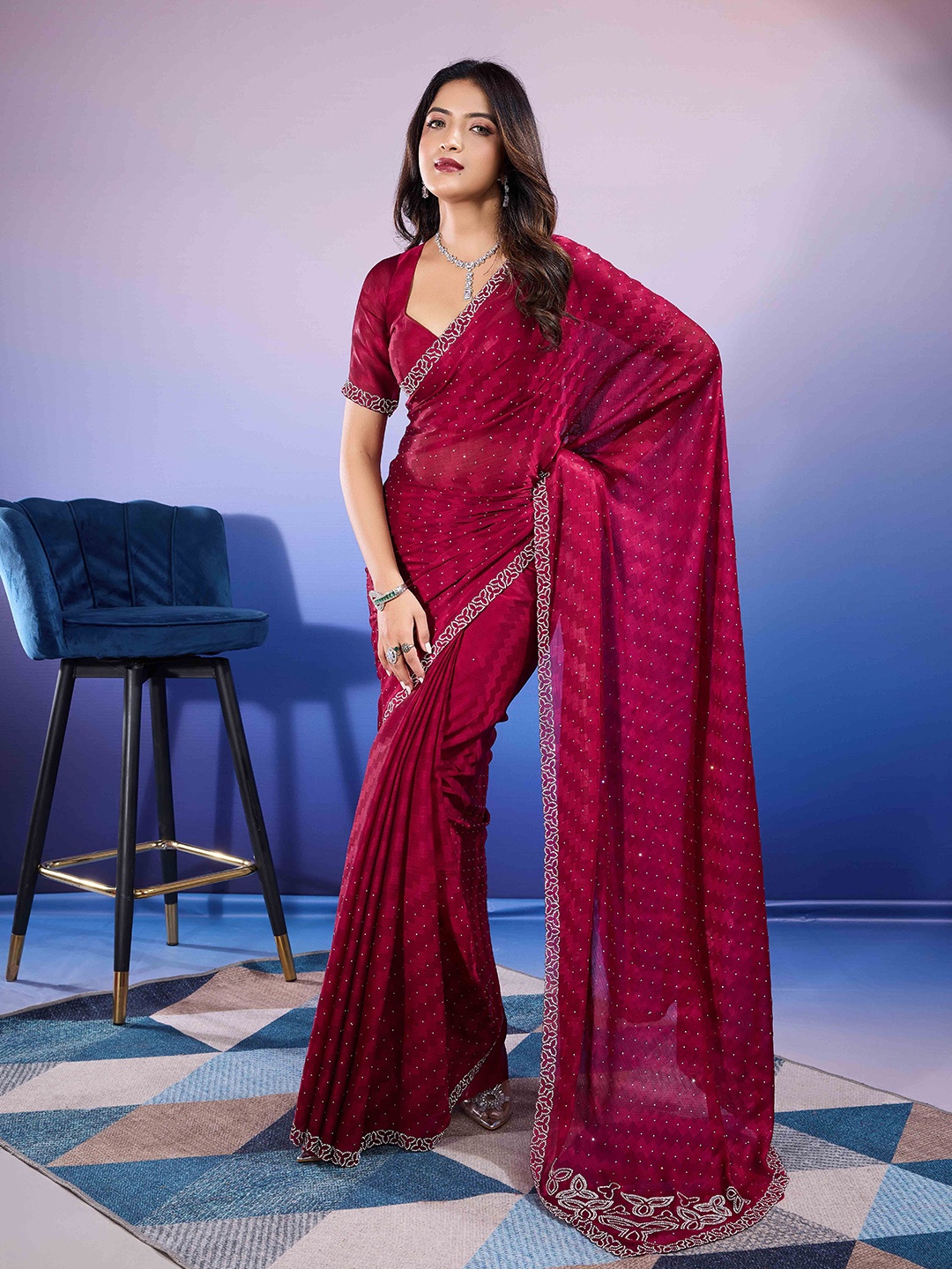 

KIMISHA Embellished Beads and Stones Saree, Magenta