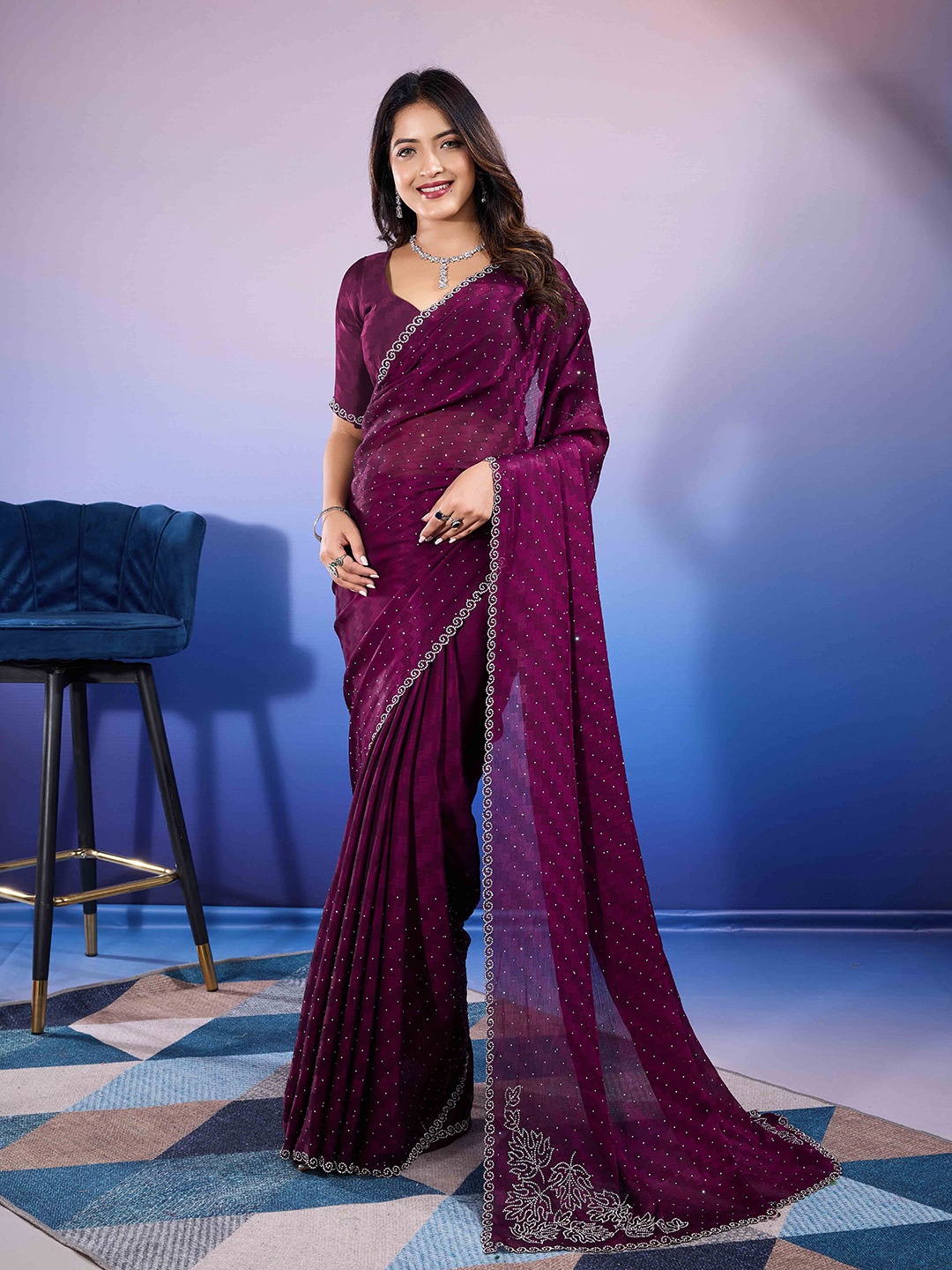 

KIMISHA Embellished Beads and Stones Saree, Purple