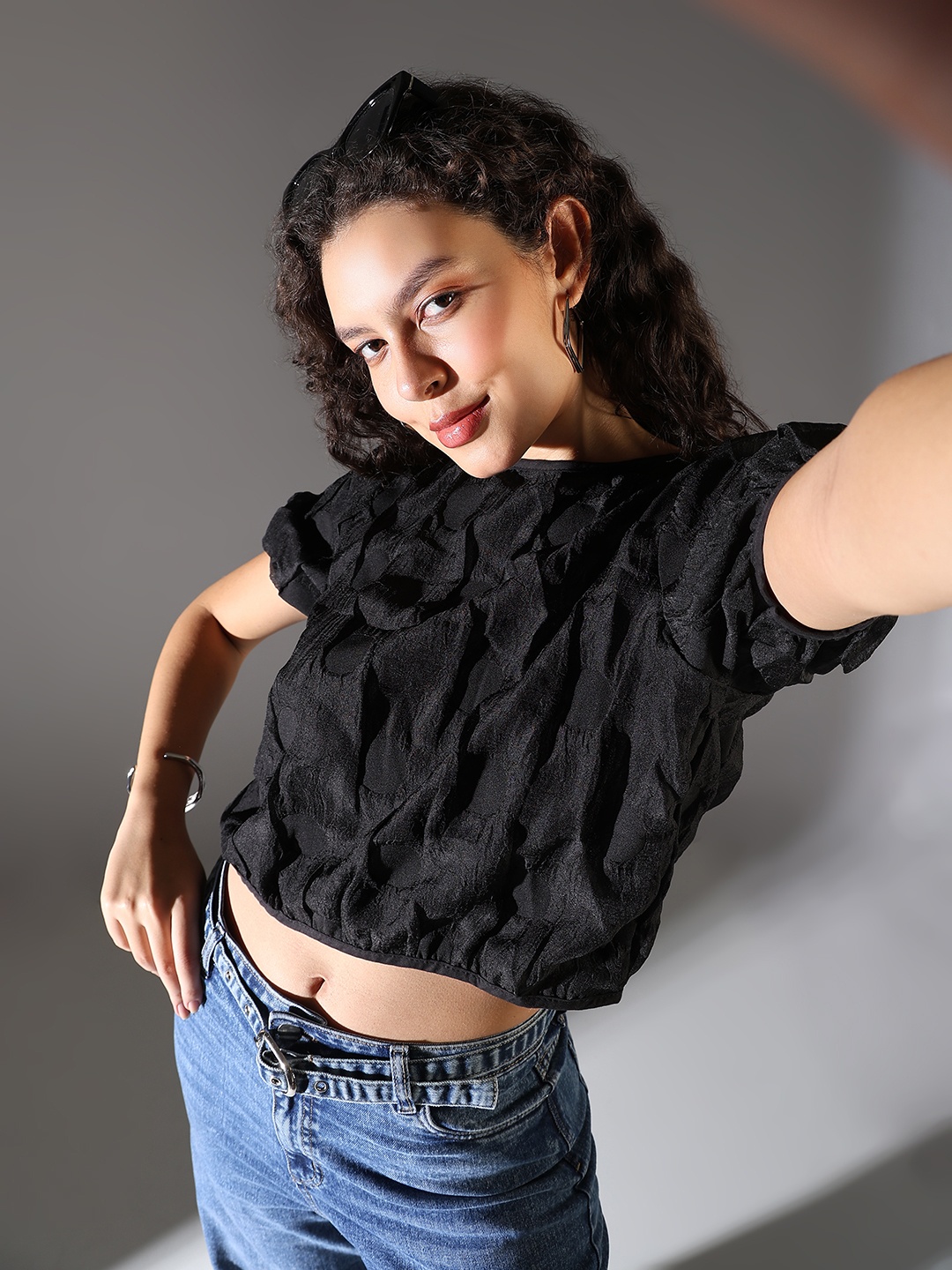 

SHOWOFF Women Puff Sleeve Chiffon Crop Top, Black