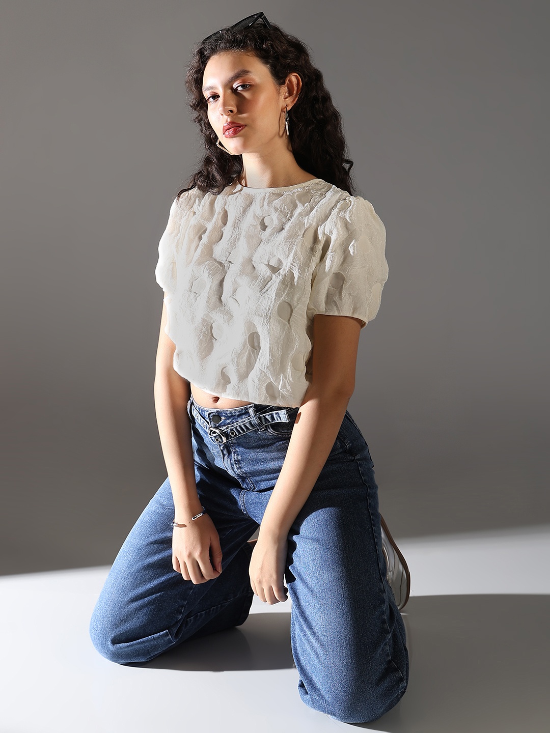 

SHOWOFF Women Self Design Puff Sleeve A-Line Crop Top, Cream