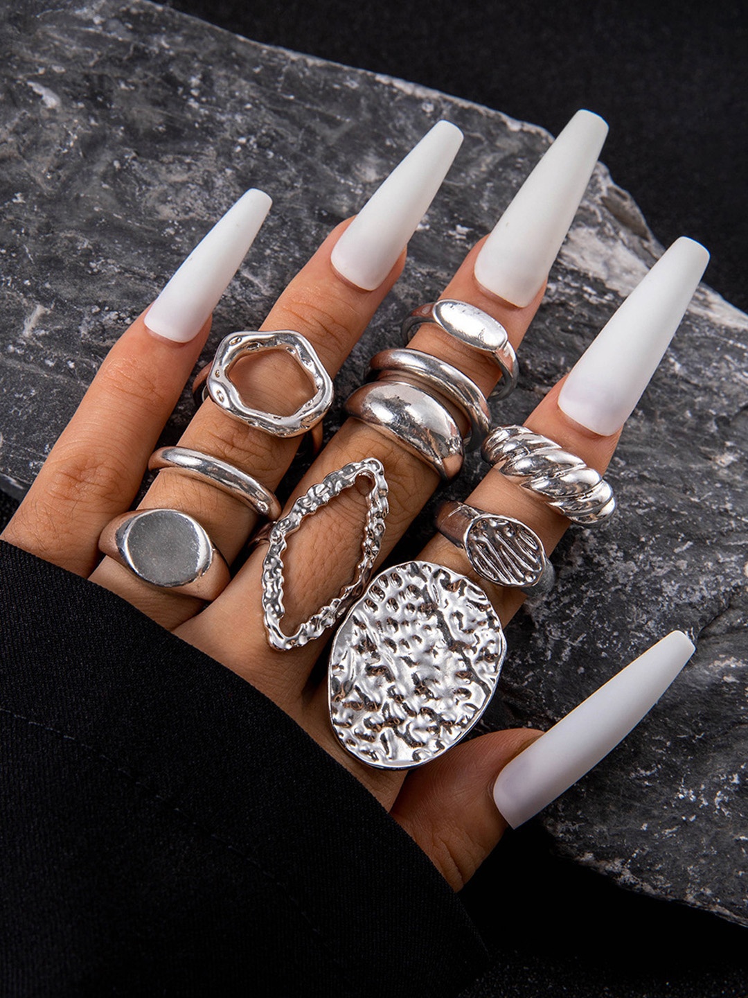 

Jewels Galaxy Set Of 10 Sliver Plated Textured Finger Rings, Silver