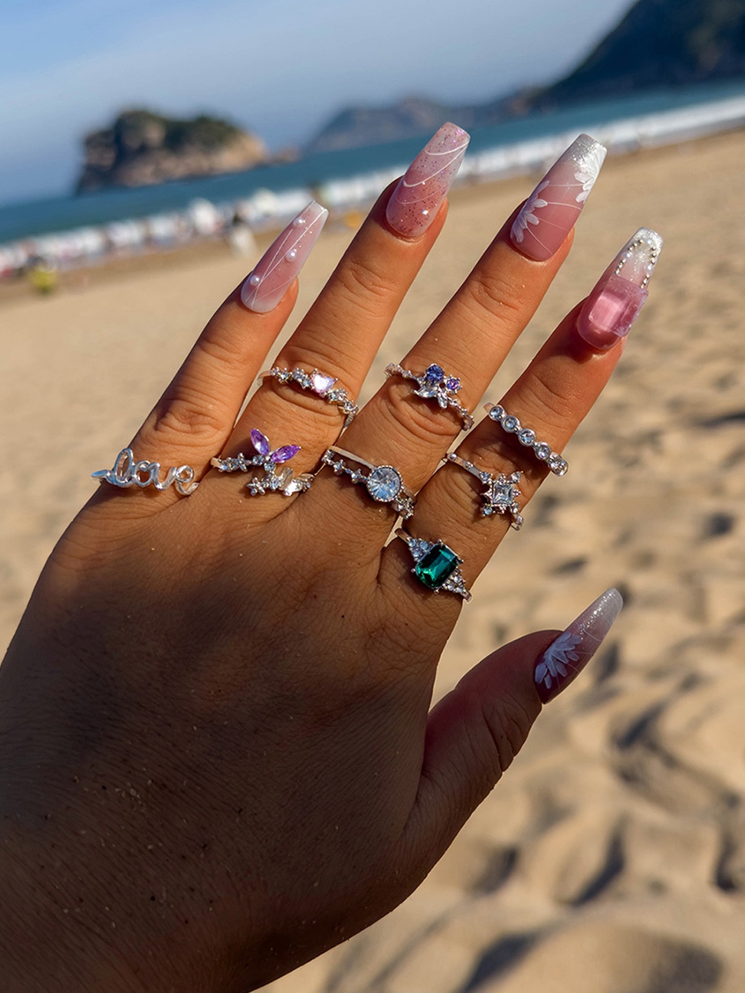 

Jewels Galaxy Set Of 8 Sliver Plated Love Theme Crystal Finger Rings, Multi