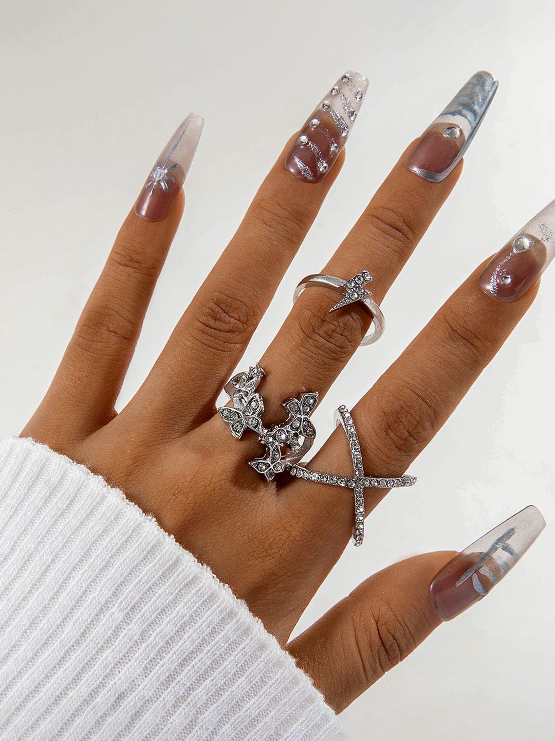 

Jewels Galaxy Set Of 3 Silver-Plated Crystal-Studded Finger Ring