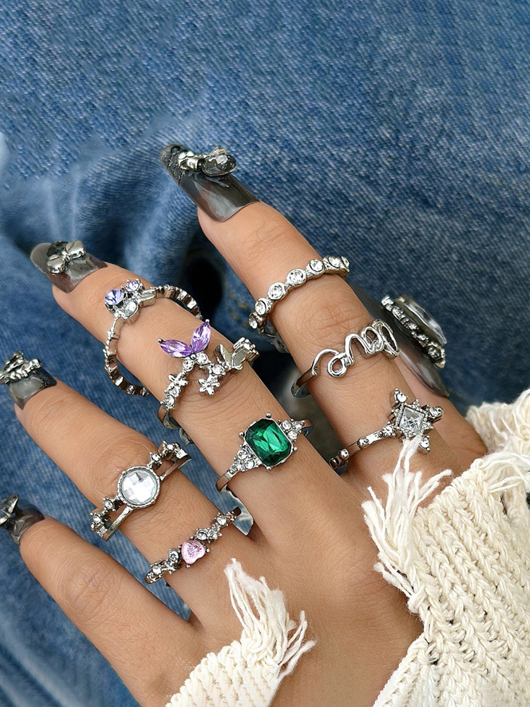 

Jewels Galaxy Set Of 8 Silver-Plated Stone-Studded Finger Ring