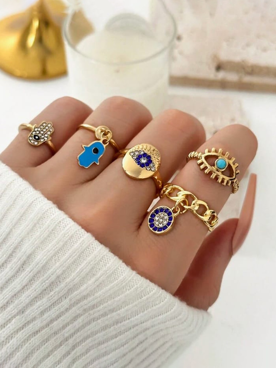 

Jewels Galaxy Set Of 5 Gold-Plated Stone-Studded Finger Ring