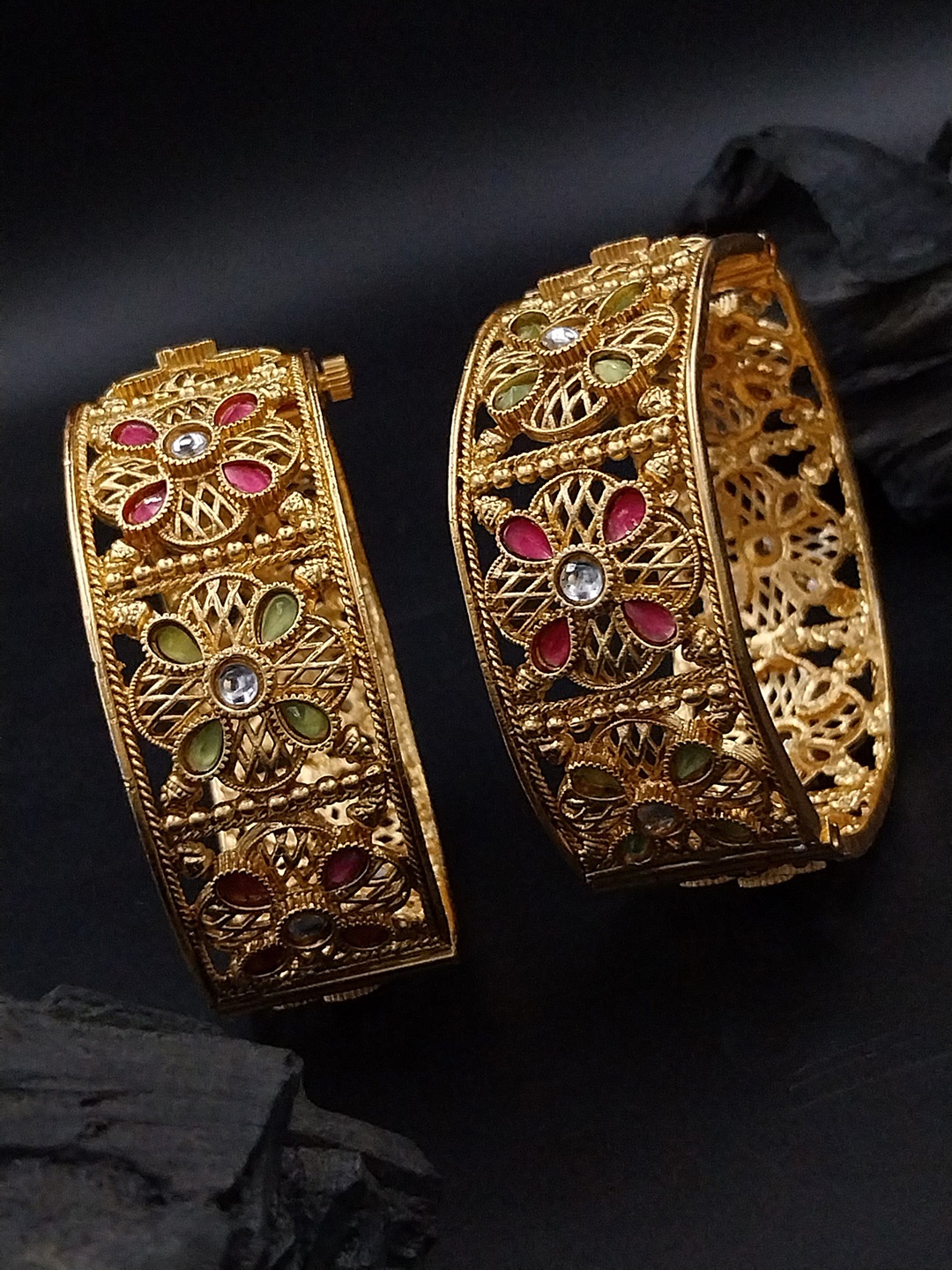 

AARNAA Set Of 2 Gold Plated CZ Stone Studded Bangles