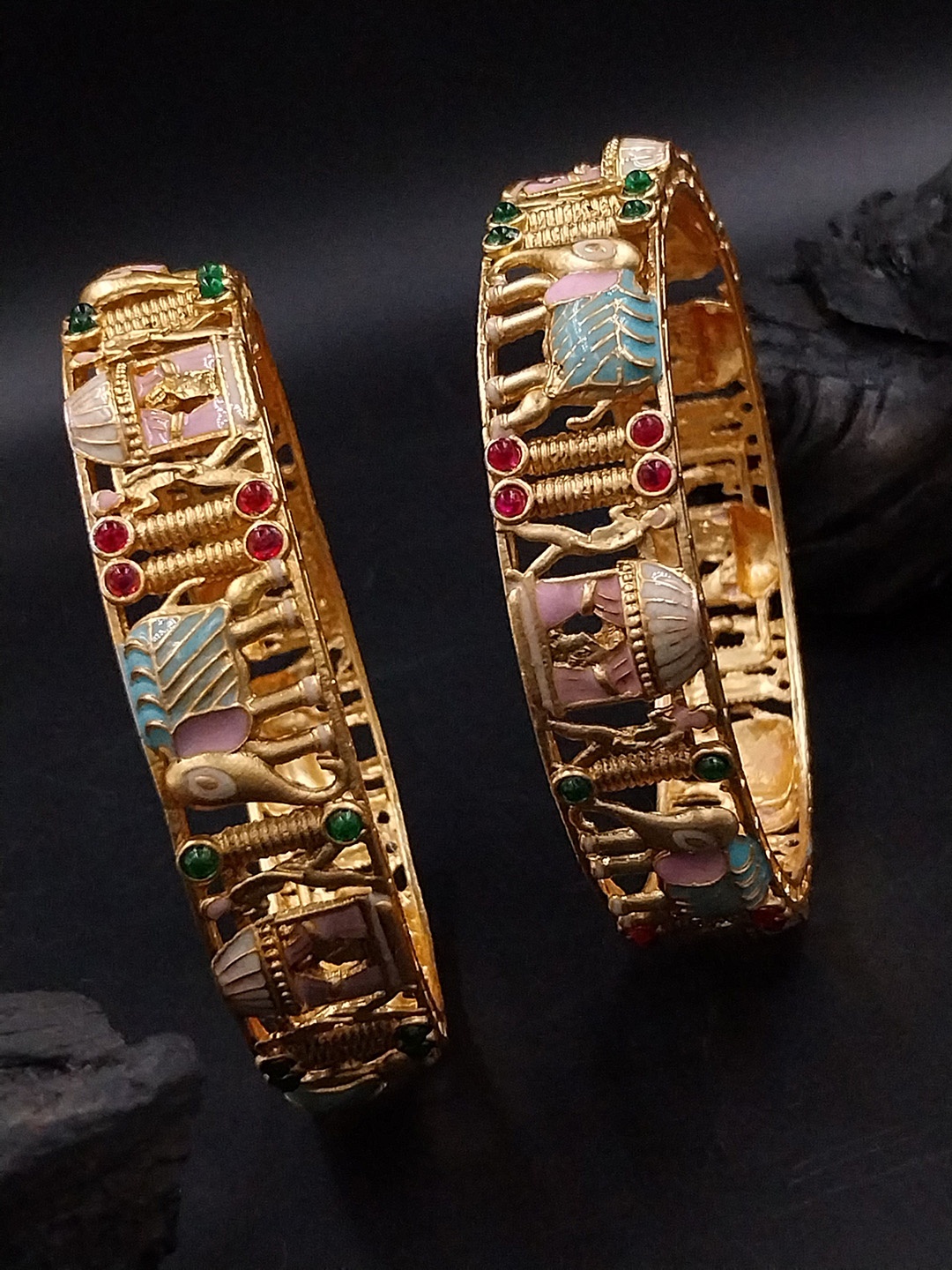 

AARNAA Set Of 2 Gold-Plated Stone-Studded Bangles