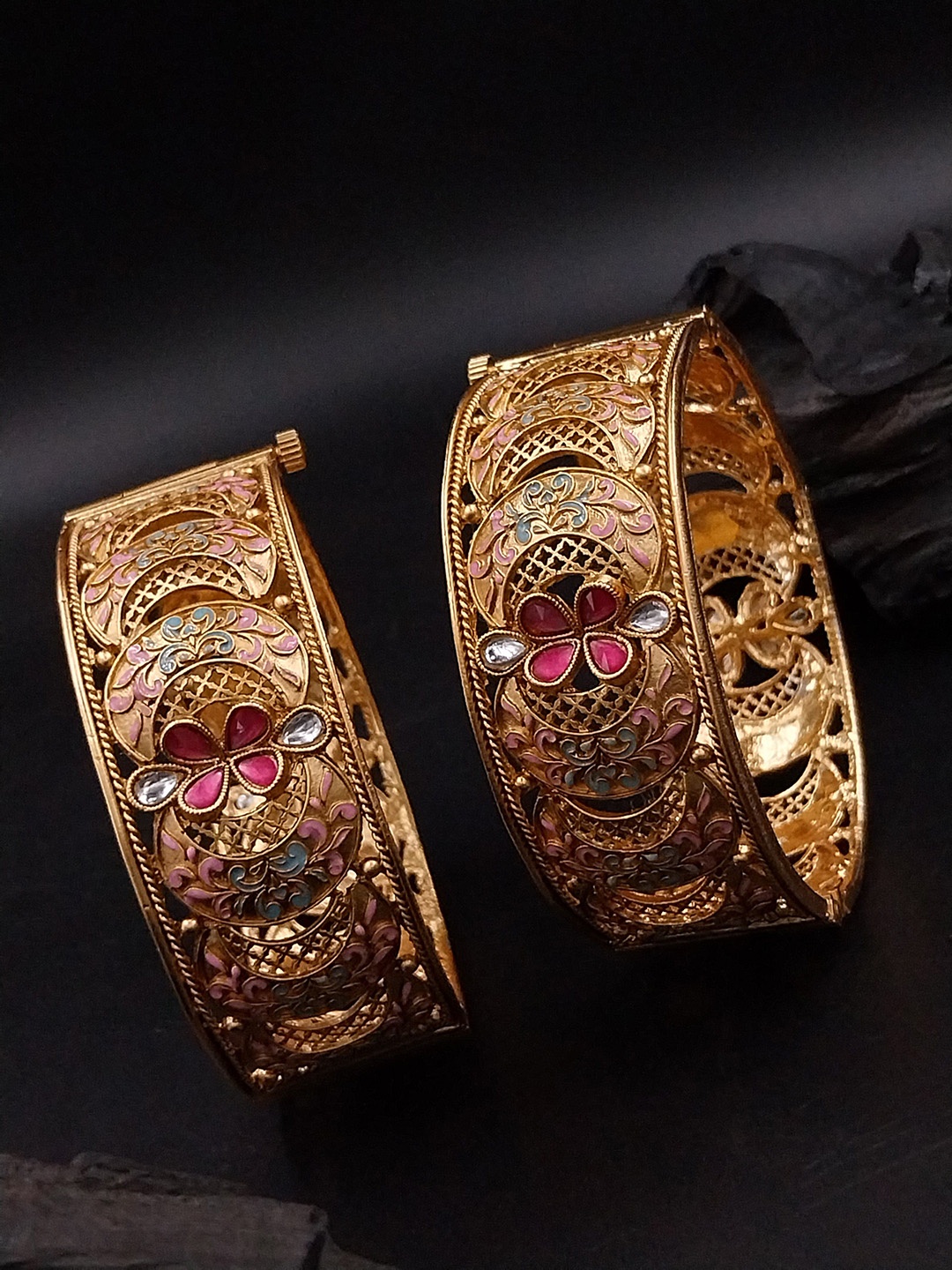 

AARNAA Set Of 2 Gold Plated CZ Stone Studded Bangles