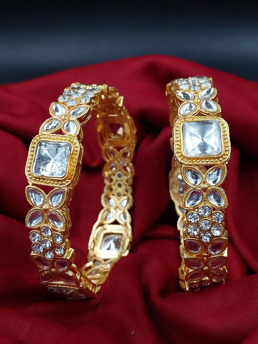 

AARNAA Set Of 2 Gold Plated CZ Stone Studded Bangles, Silver