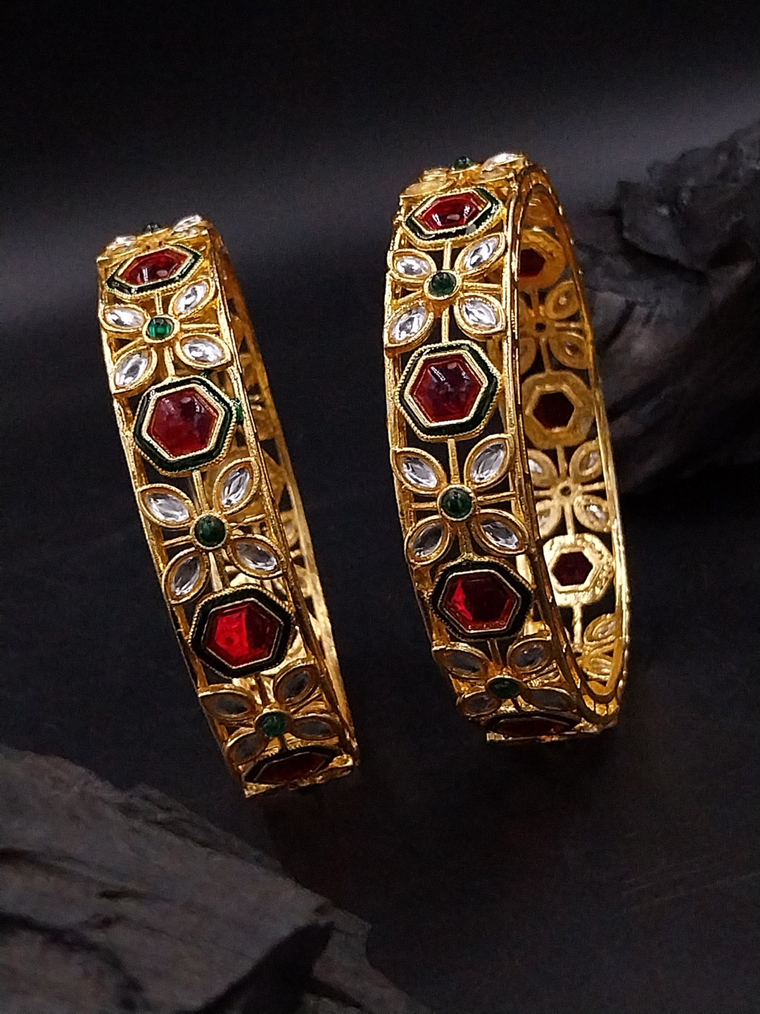 

AARNAA Set Of 2 Gold-Plated Stone Studded Chuda Bangles
