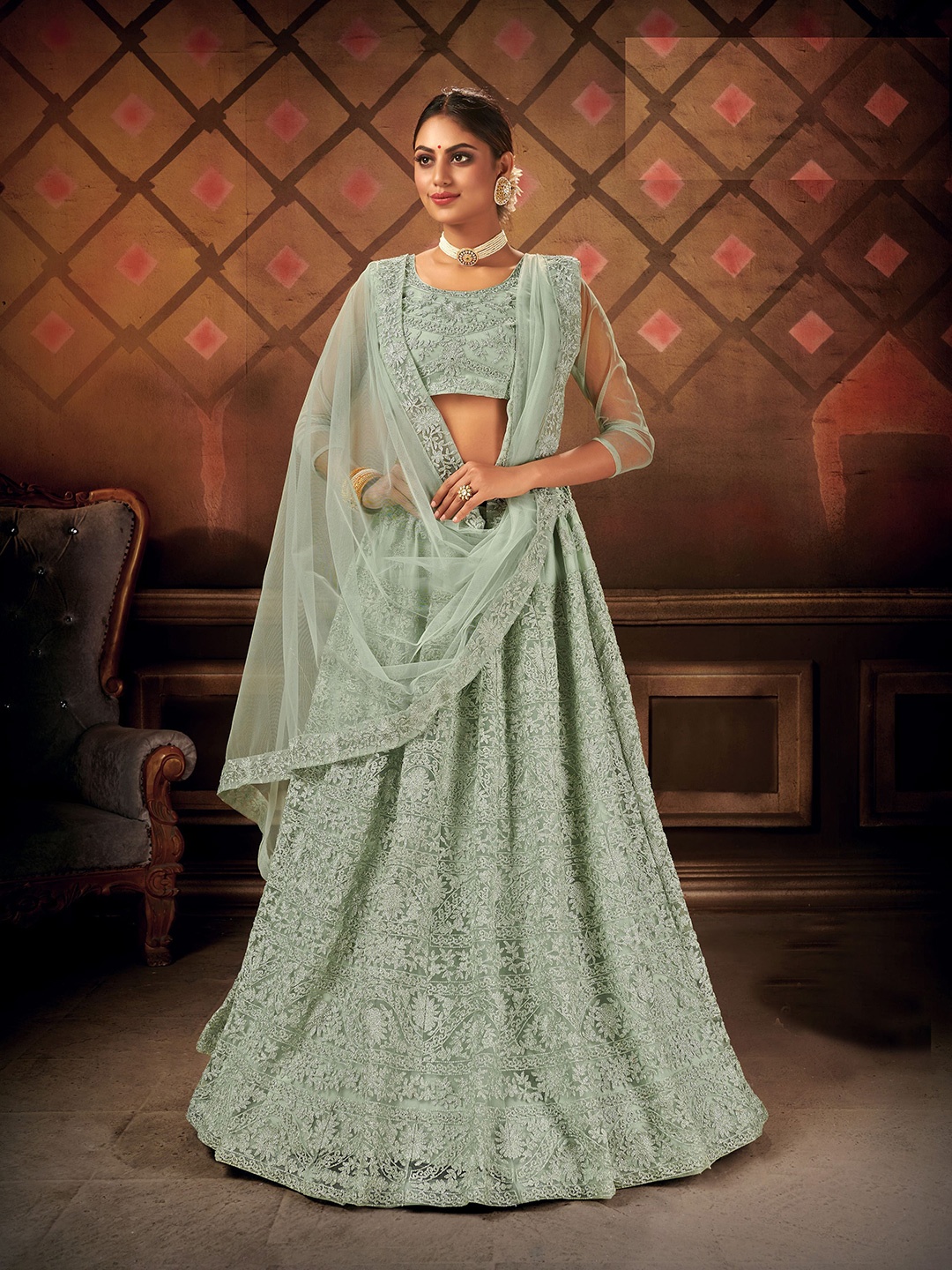 

VARNI FABRICS Embroidered Thread Work Semi-Stitched Lehenga & Unstitched Blouse With Dupatta, Green